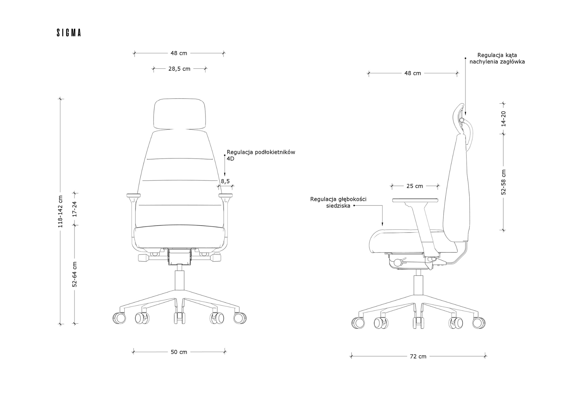 Rysunki techniczne krzesła biurowego z wymiarami i opcjami regulacji.