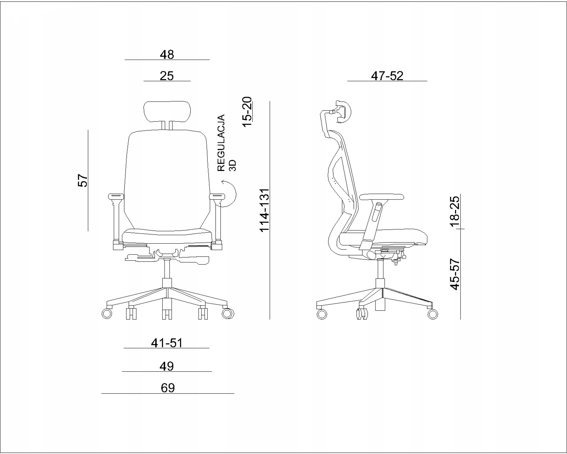 Rysunek techniczny krzesła biurowego z wymiarami.