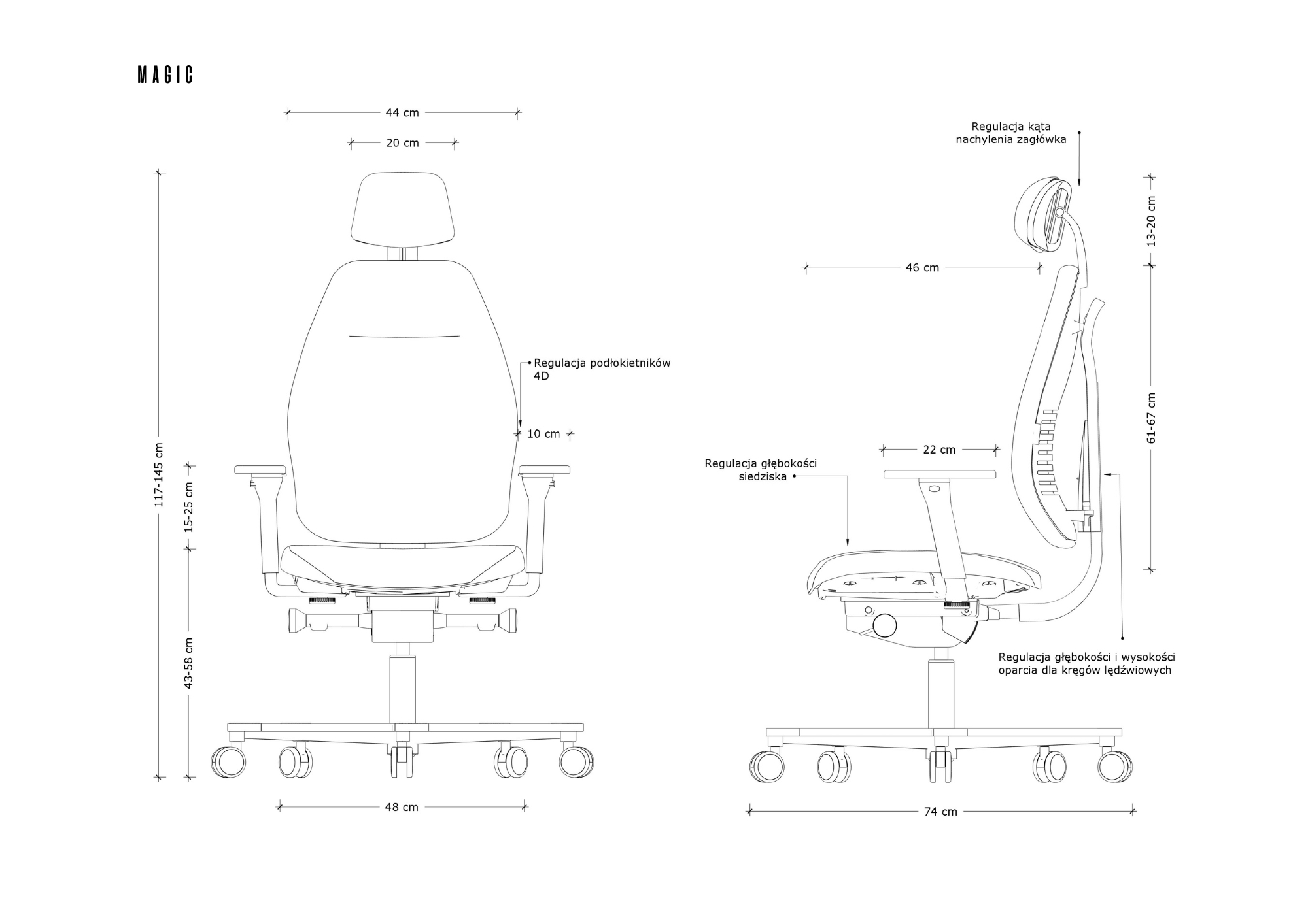 Rysunek techniczny krzesła biurowego z wymiarami i opcjami regulacji.