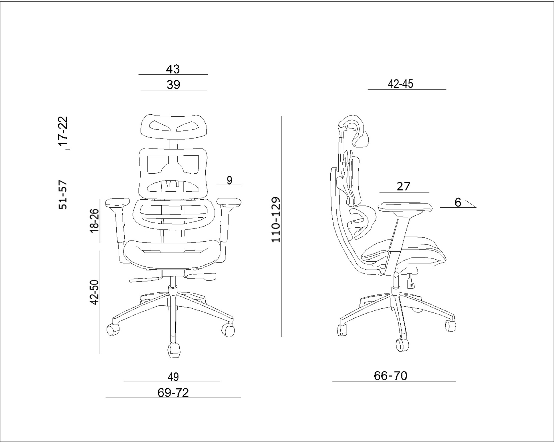 Rysunek techniczny krzesła biurowego z wymiarami.