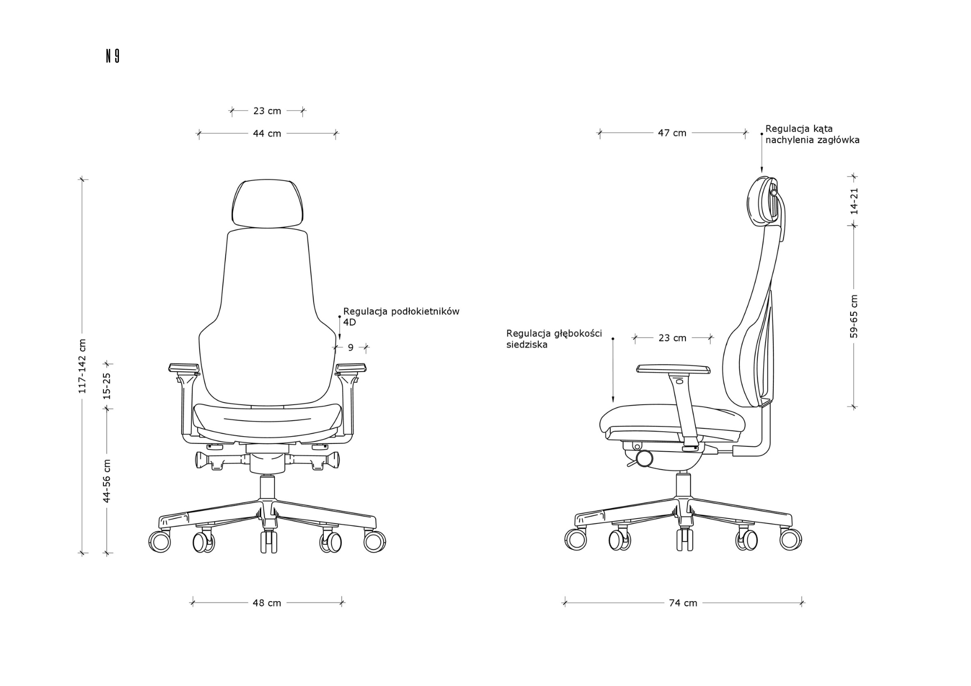 Rysunek techniczny krzesła biurowego z wymiarami i opcjami regulacji.