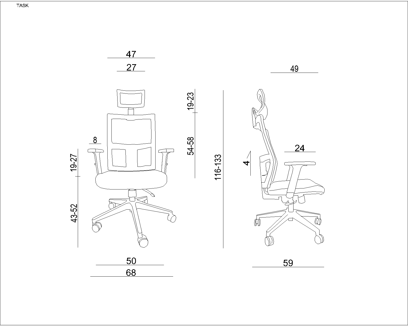 Rysunek techniczny krzesła biurowego z wymiarami.