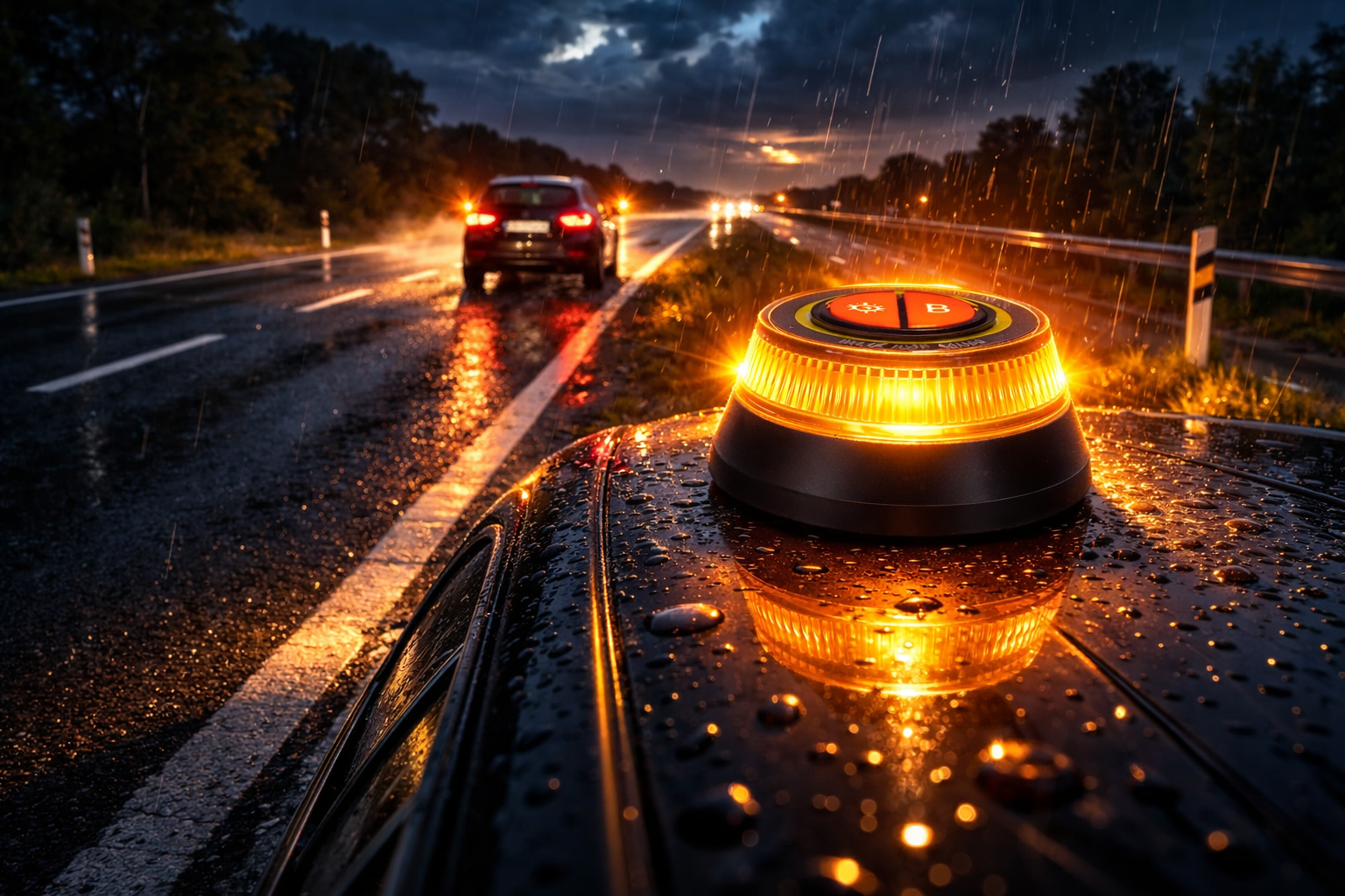 Żółte światło ostrzegawcze na mokrym dachu samochodu w deszczu, z samochodem na drodze w tle.