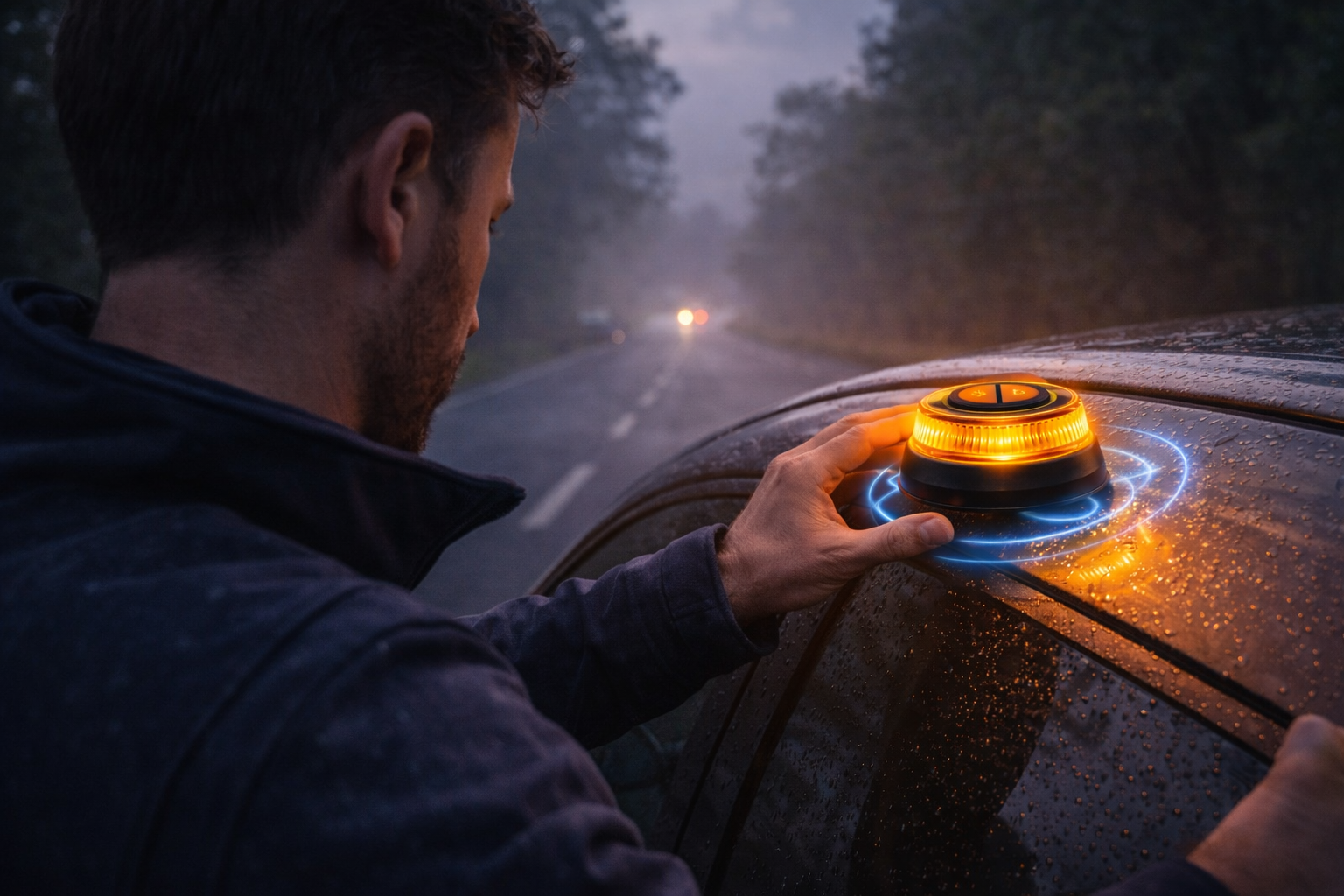 Mężczyzna kładzie pomarańczowe światło ostrzegawcze na mokrym dachu samochodu. Droga we mgle.