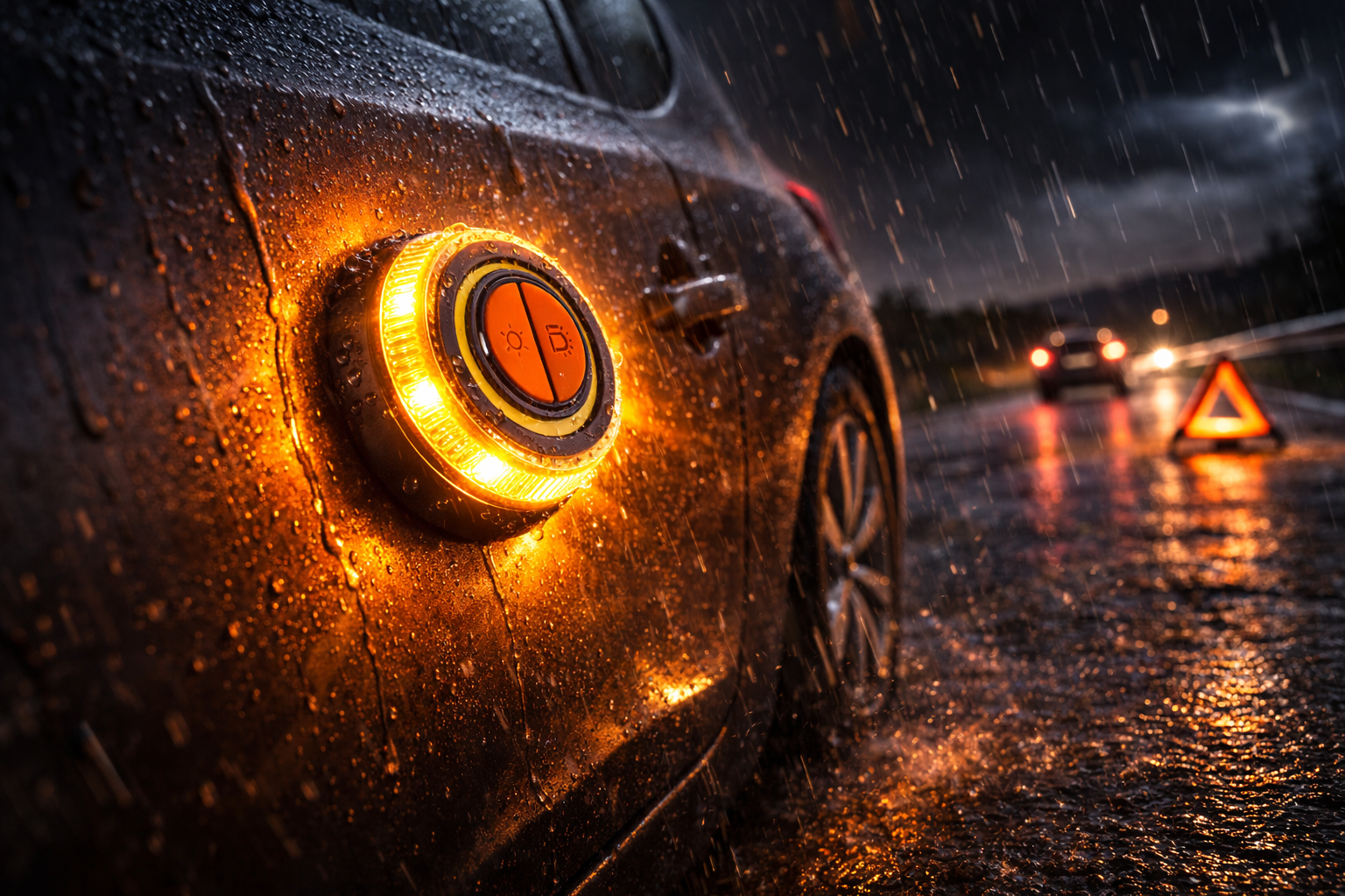 Światło ostrzegawcze na mokrym samochodzie na deszczowej drodze nocą. Trójkątny znak ostrzegawczy.