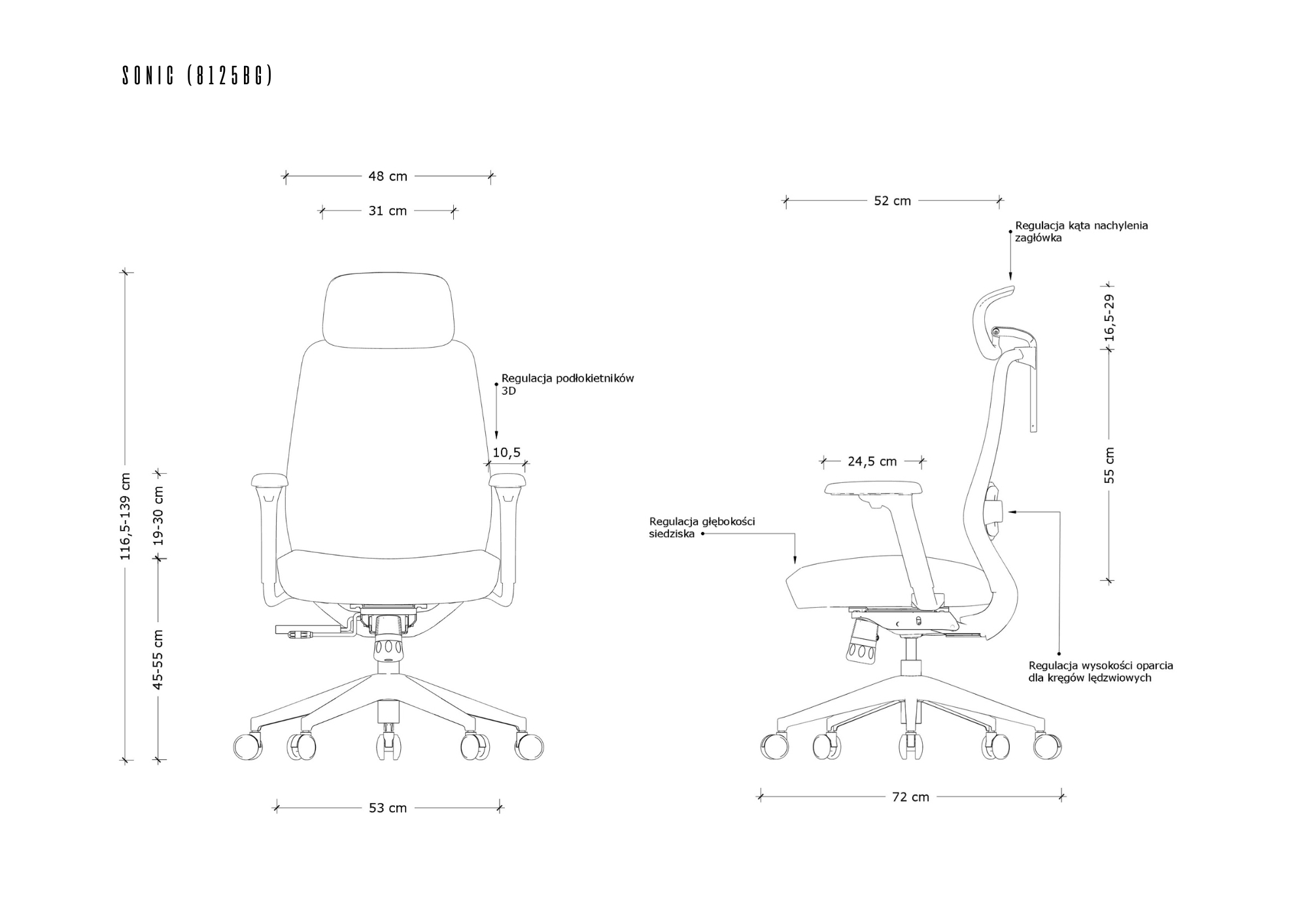 Rysunek techniczny krzesła biurowego SONIC (8125BG) z wymiarami.