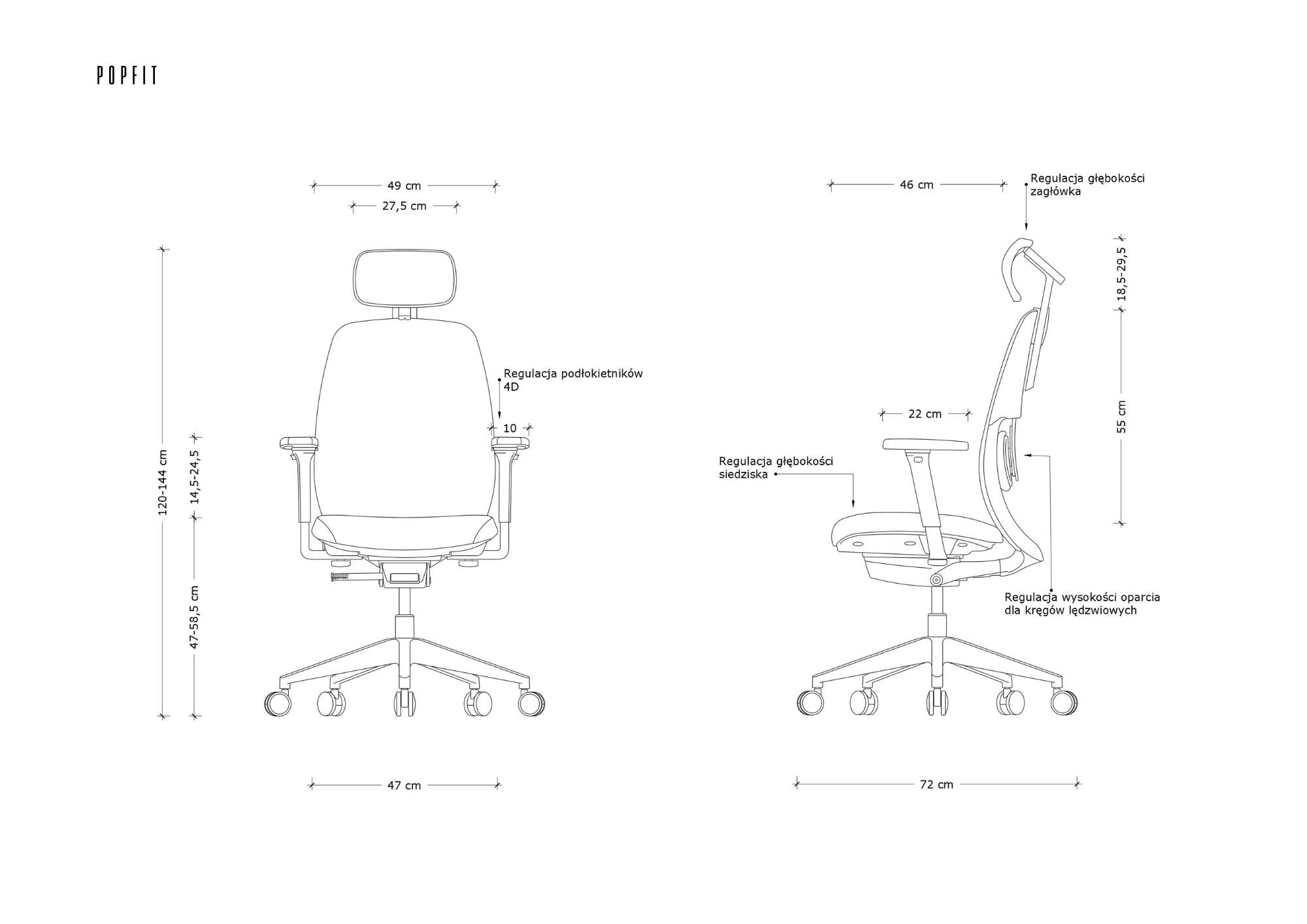 Rysunek techniczny krzesła biurowego z wymiarami i opcjami regulacji.