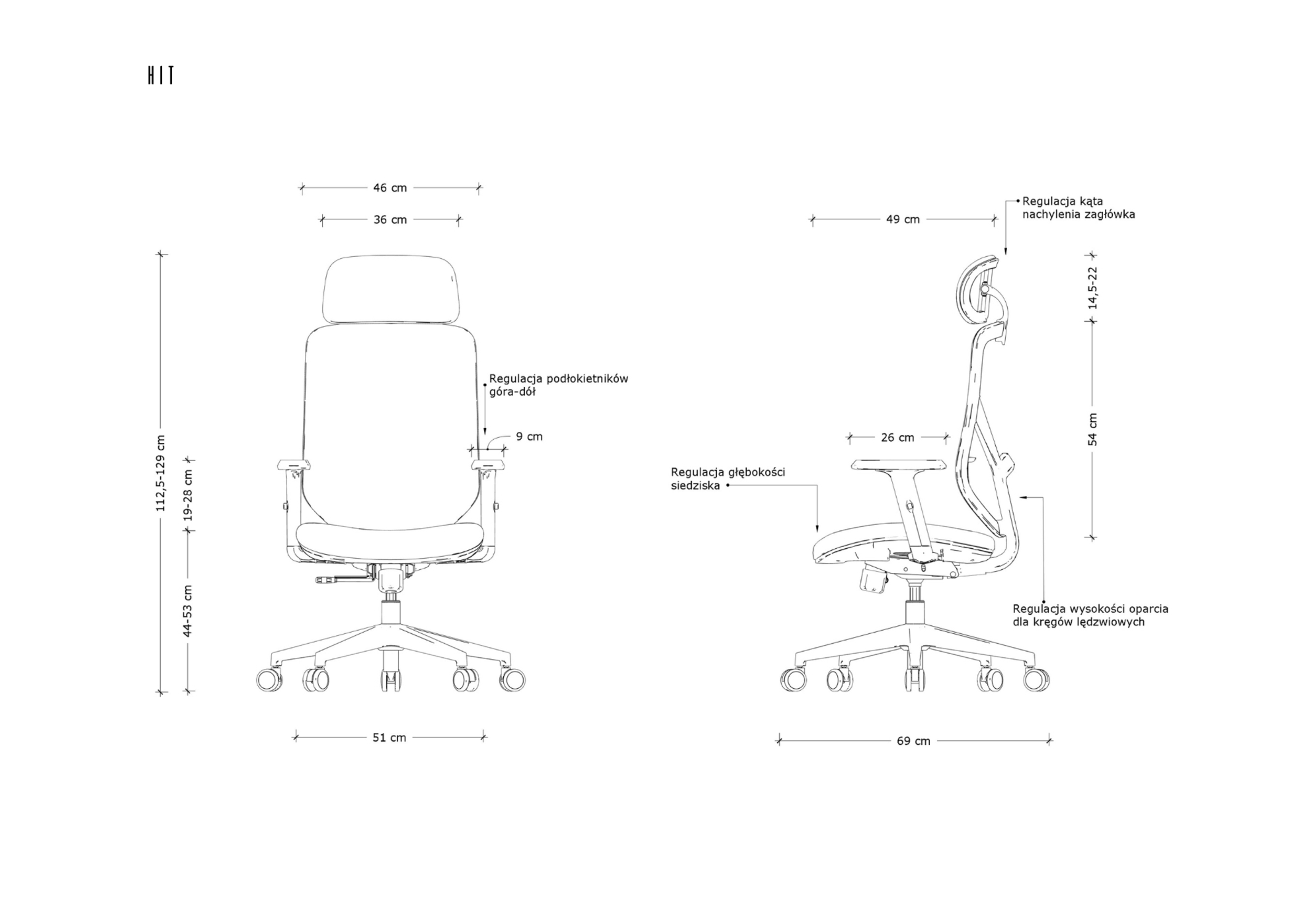Rysunek techniczny krzesła biurowego z wymiarami i opcjami regulacji.