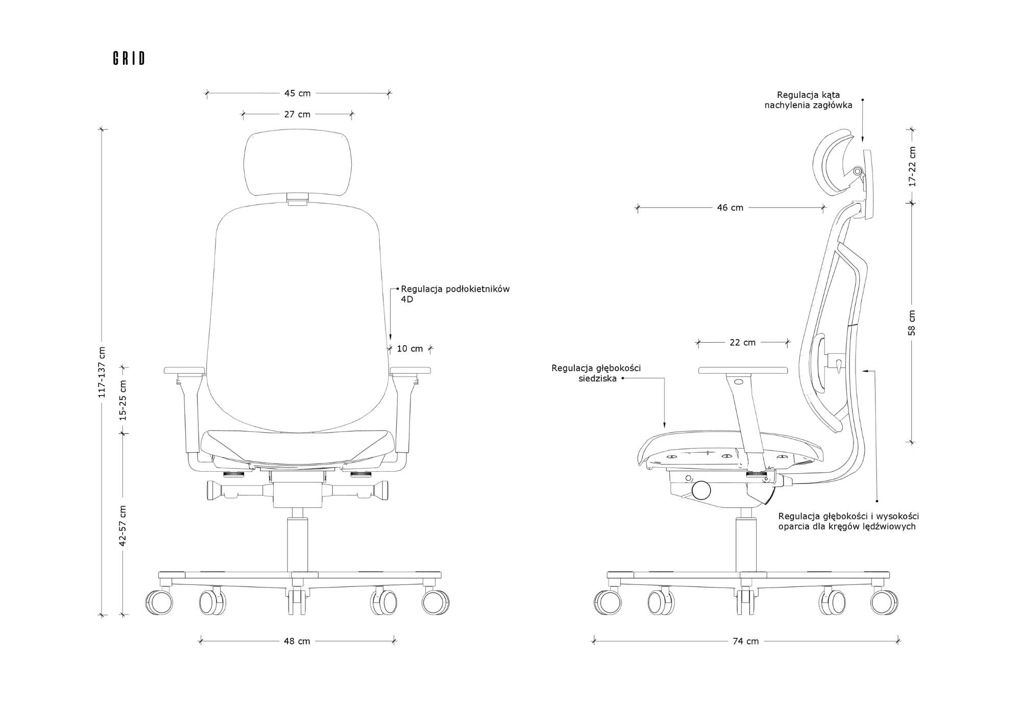 Rysunek techniczny krzesła biurowego z wymiarami i opcjami regulacji.