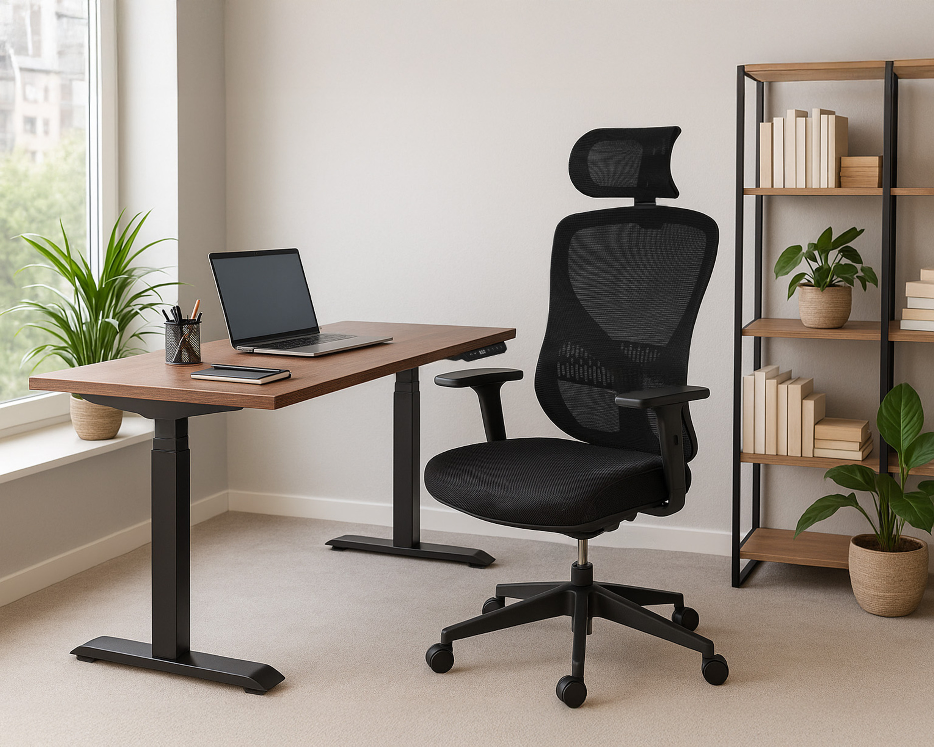 Czarny fotel biurowy obok regulowanego biurka z laptopem.