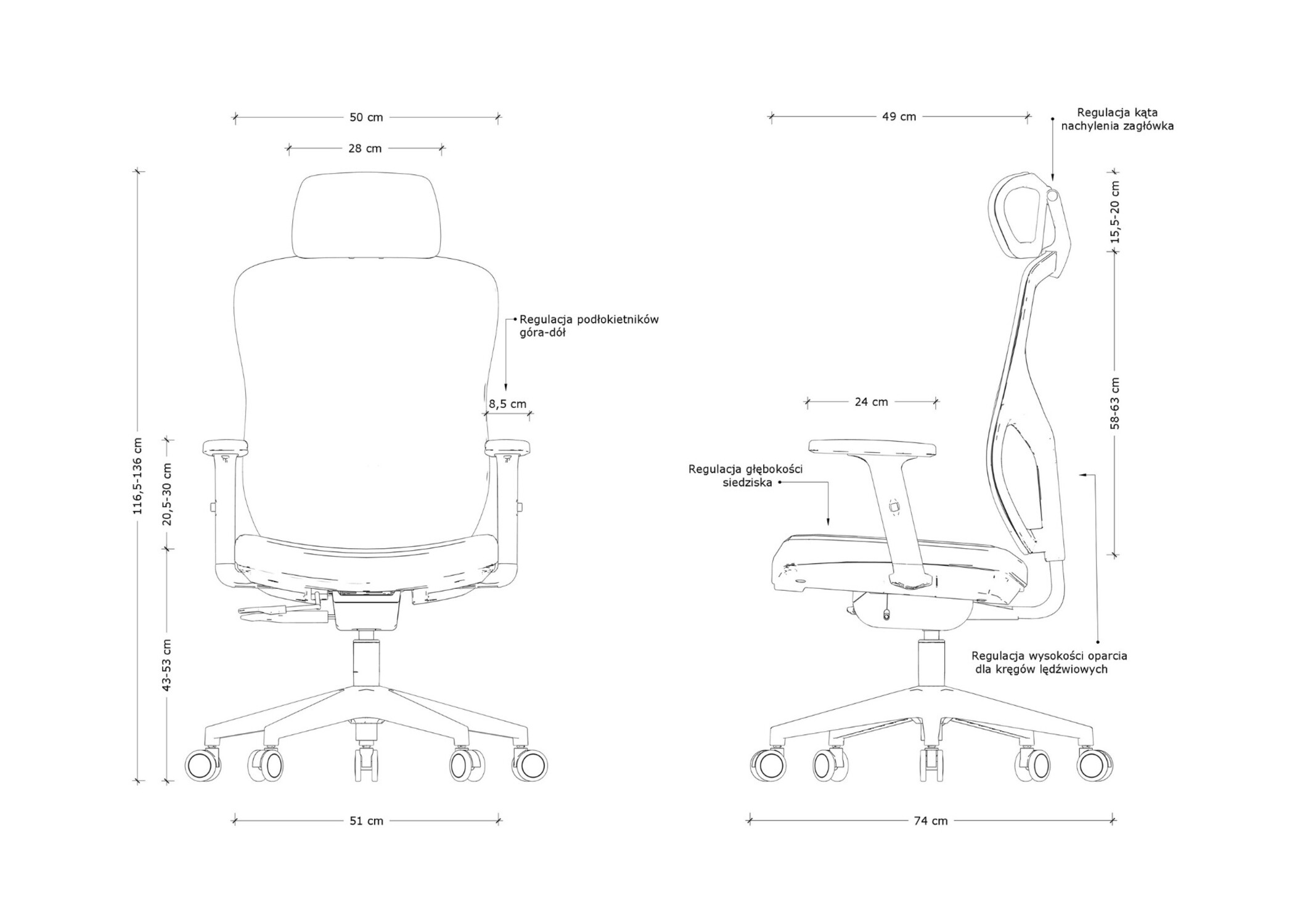 Rysunek techniczny krzesła biurowego z wymiarami i regulacjami.