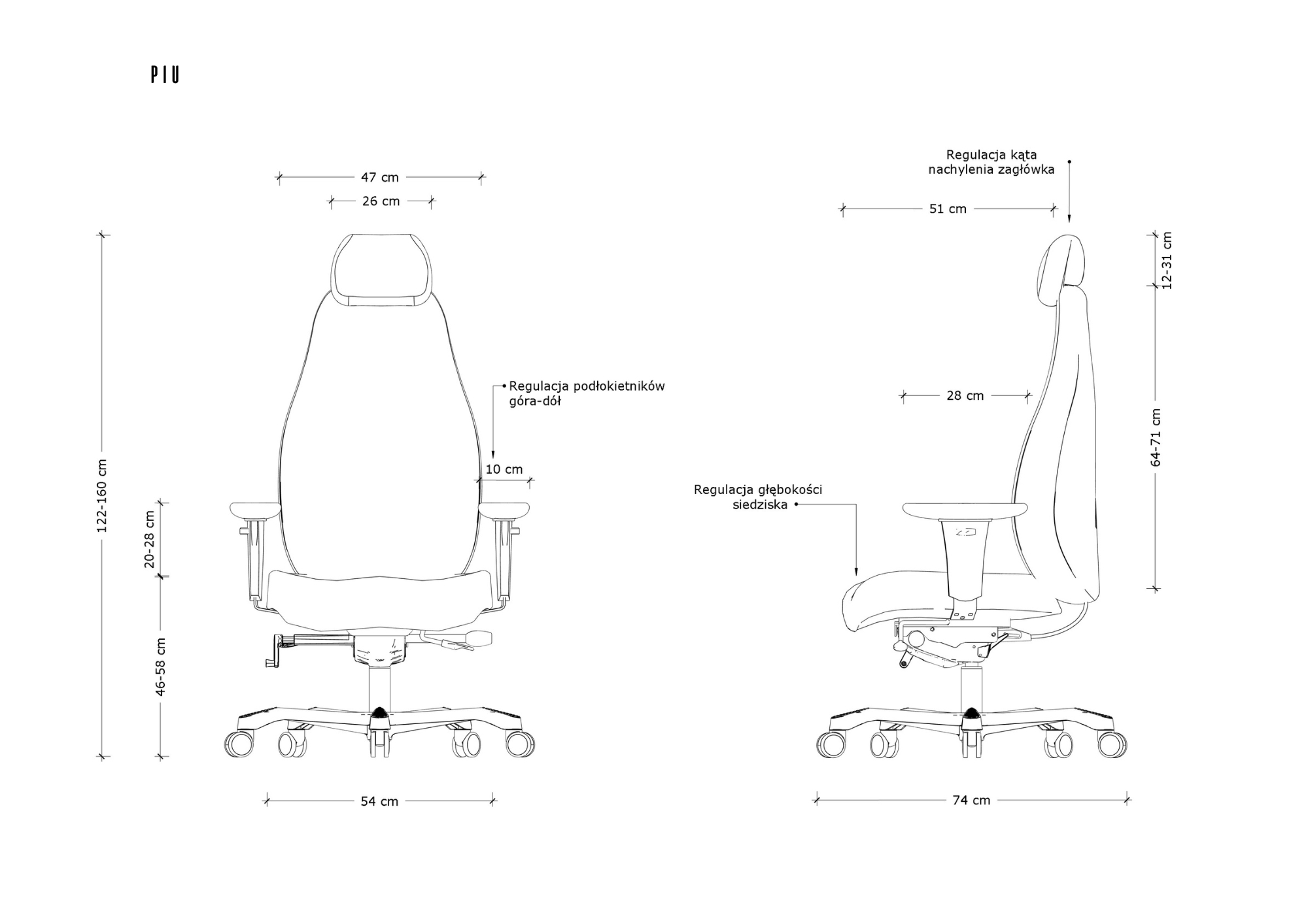 Rysunek techniczny krzesła biurowego z wymiarami.