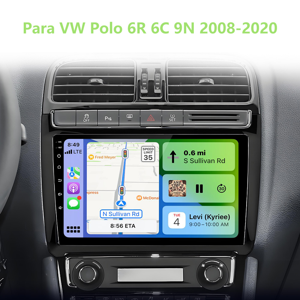 Cruscotto auto con touchscreen che mostra navigazione, musica e informazioni calendario.