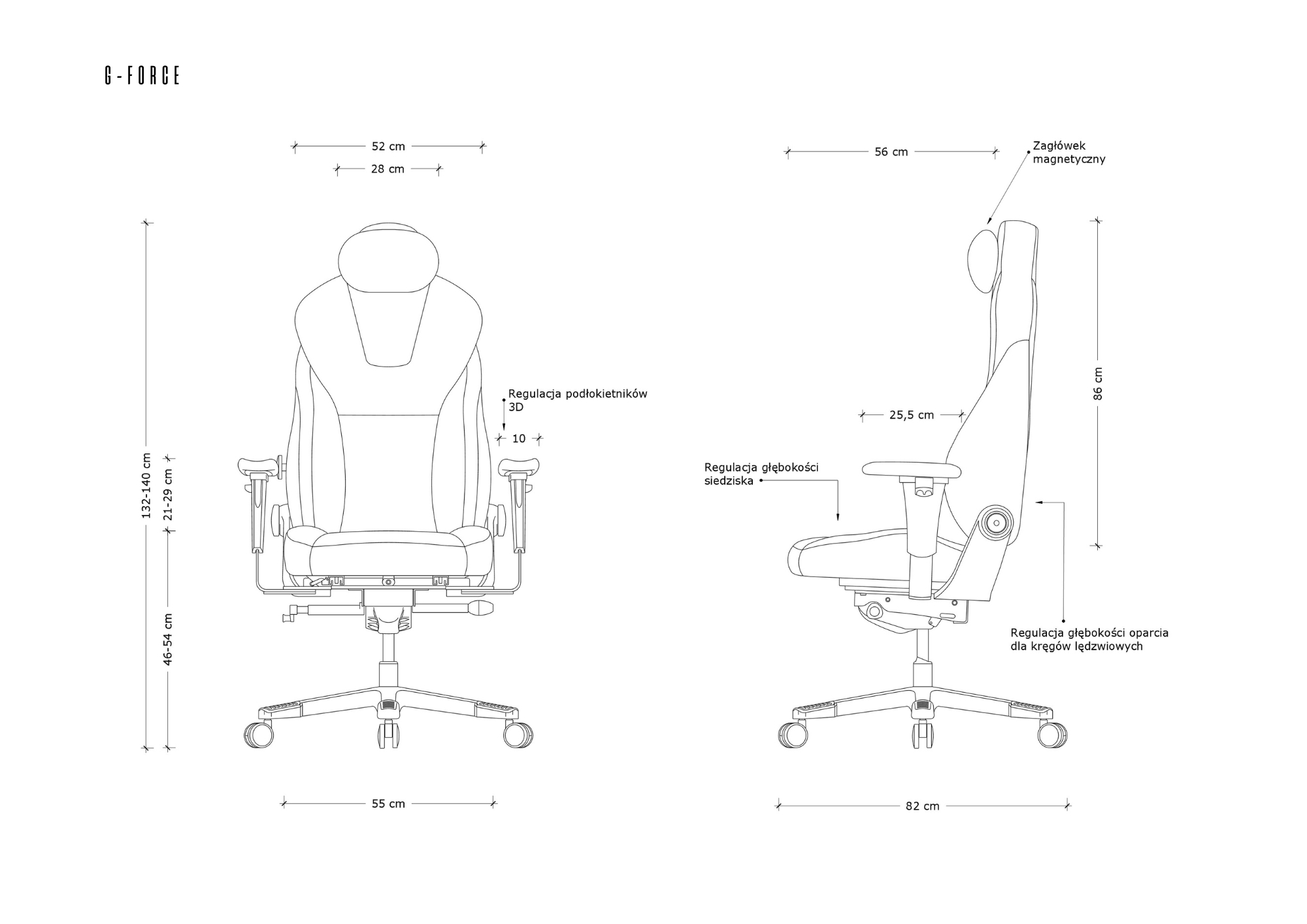 Rysunek techniczny krzesła biurowego z wymiarami i opcjami regulacji.