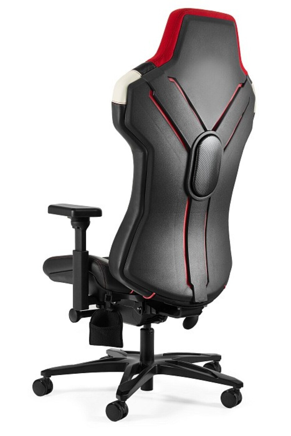 Czarny fotel gamingowy z czerwonymi akcentami i białym detalem.