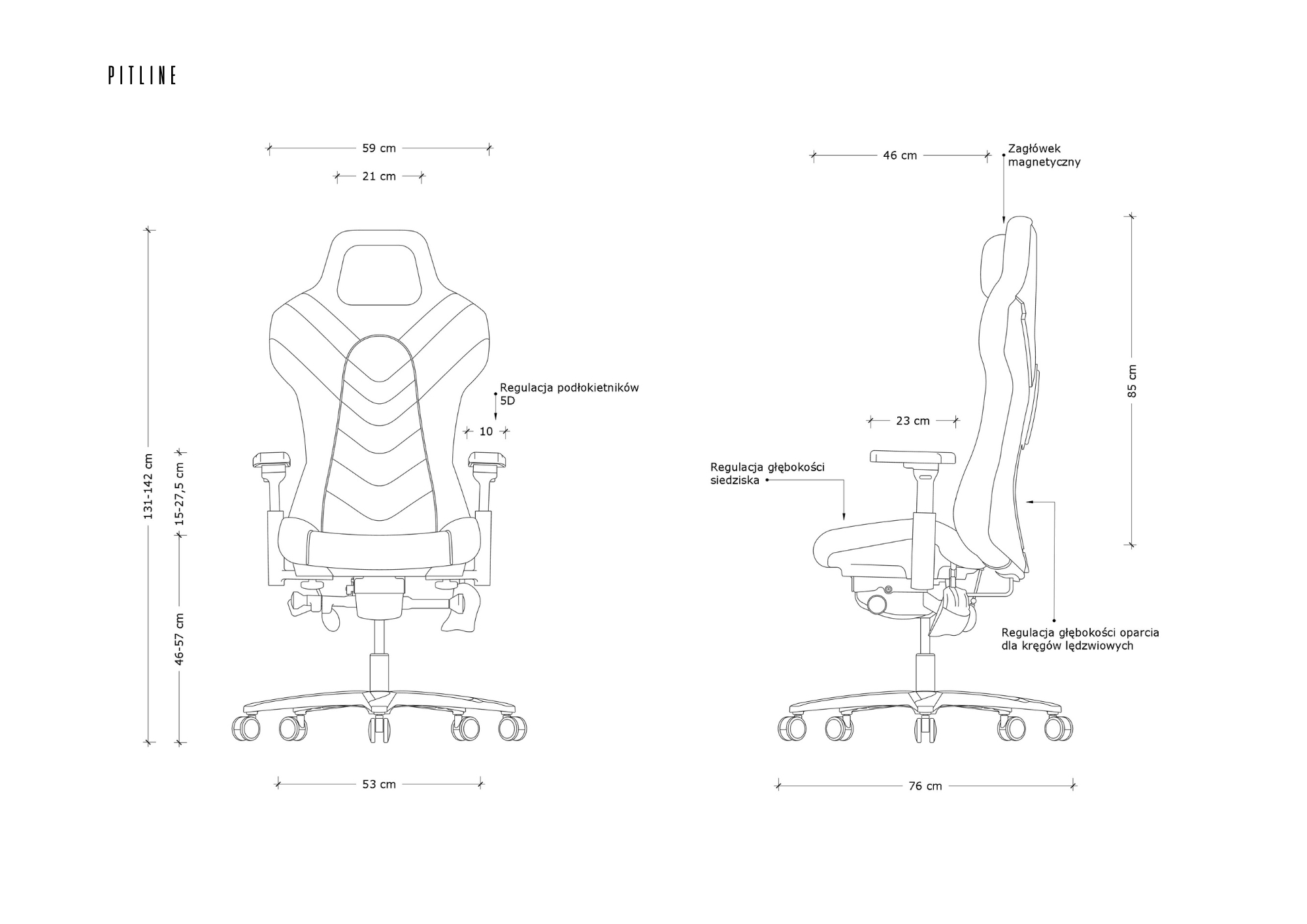 Rysunek techniczny krzesła biurowego z wymiarami i opcjami regulacji.
