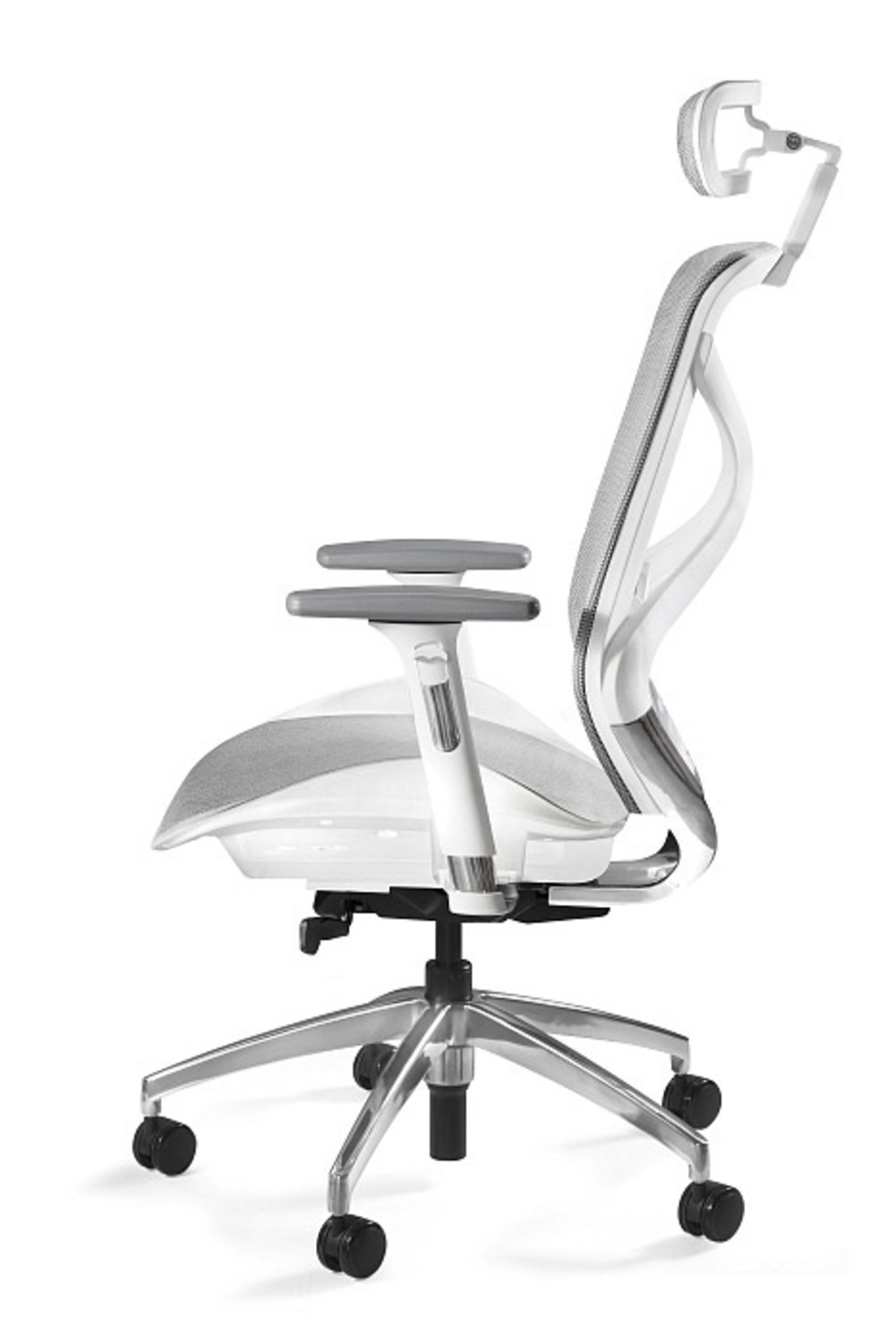 Białe i szare ergonomiczne krzesło biurowe z siatkowym oparciem i regulowanym zagłówkiem.