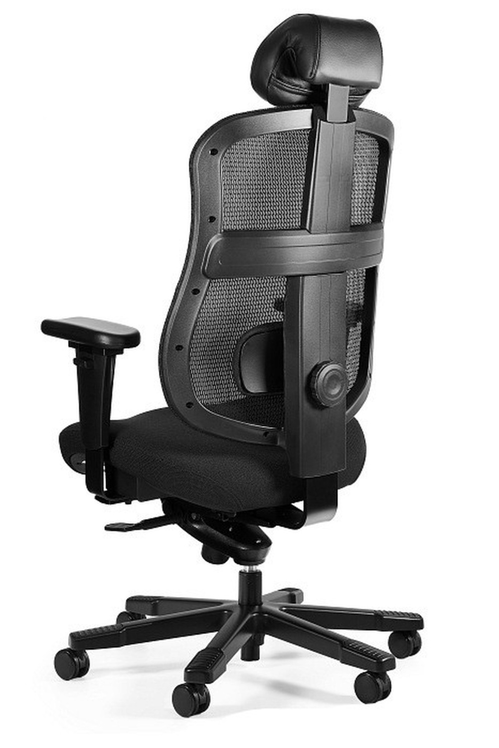 Ergonomiczne krzesło biurowe z siatkowym oparciem, regulowanym zagłówkiem i podłokietnikami.