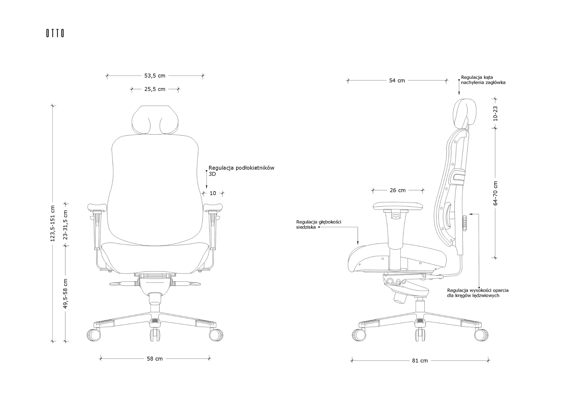 Rysunek techniczny krzesła biurowego z wymiarami i opcjami regulacji.