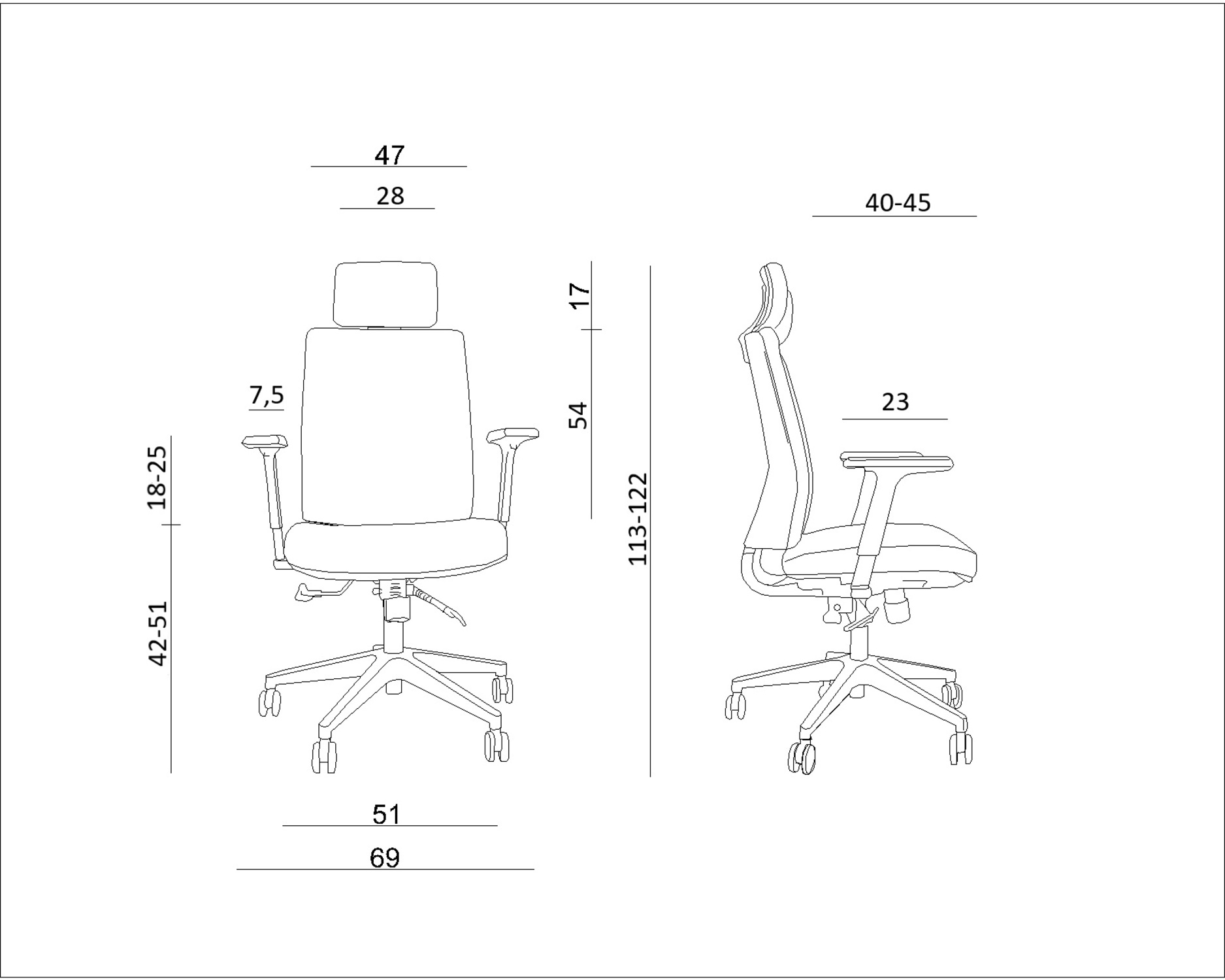 Rysunek techniczny krzesła biurowego z wymiarami.