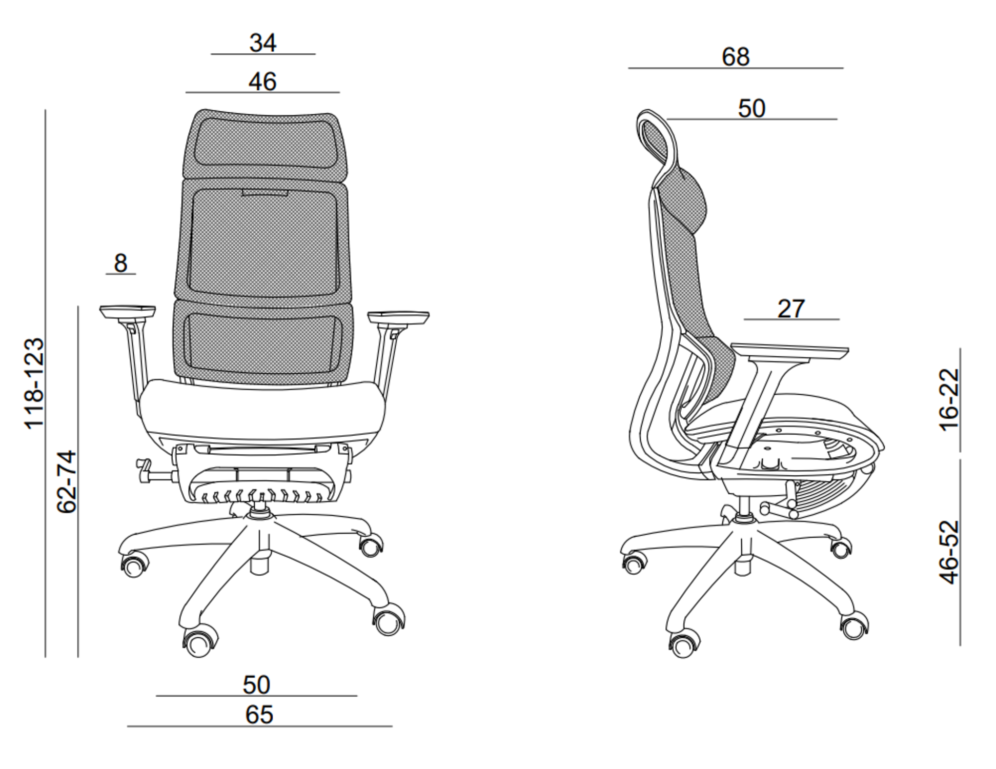 Rysunek techniczny krzesła biurowego z wymiarami.