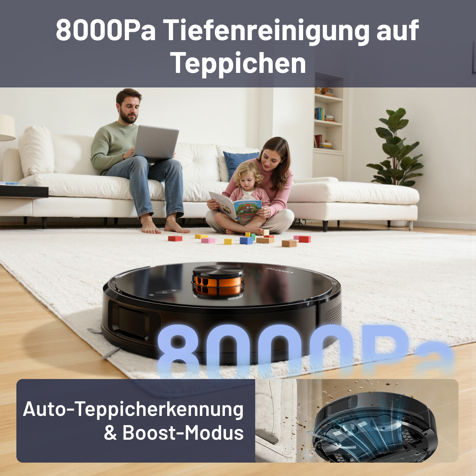 Ein Roboterstaubsauger reinigt einen Teppich, während eine Familie im Wohnzimmer entspannt.