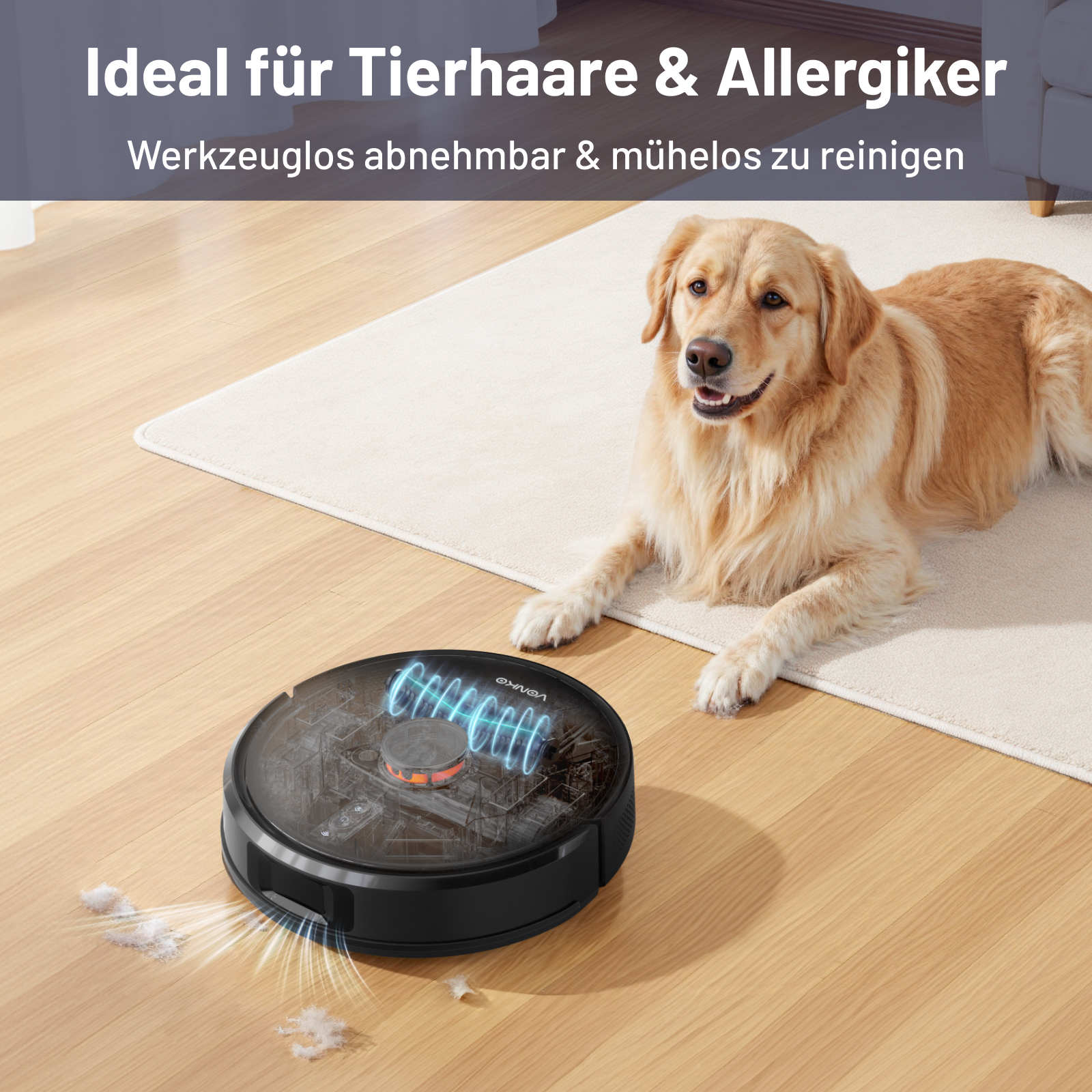 Ein Roboterstaubsauger reinigt den Boden neben einem liegenden Golden Retriever.