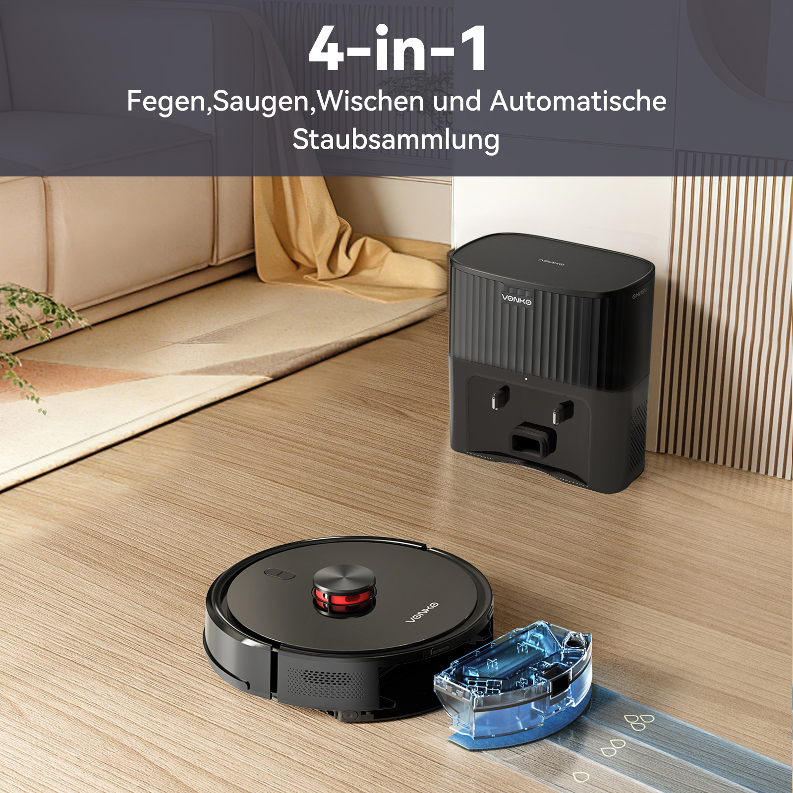 Ein schwarzer Saugroboter mit Wassertank neben einer schwarzen Ladestation auf Holzboden.