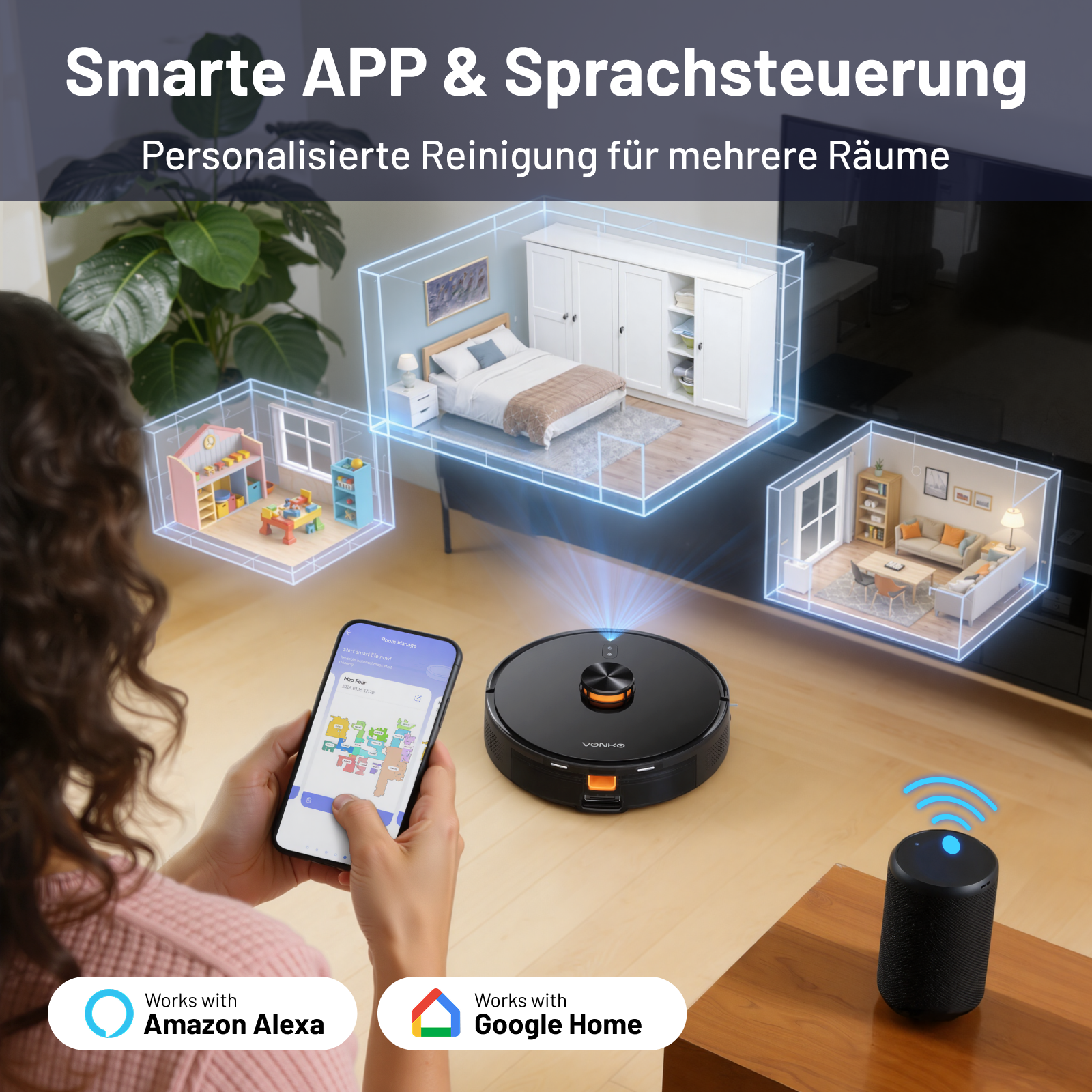 Ein Saugroboter und ein Smartphone steuern die Reinigung verschiedener Räume.