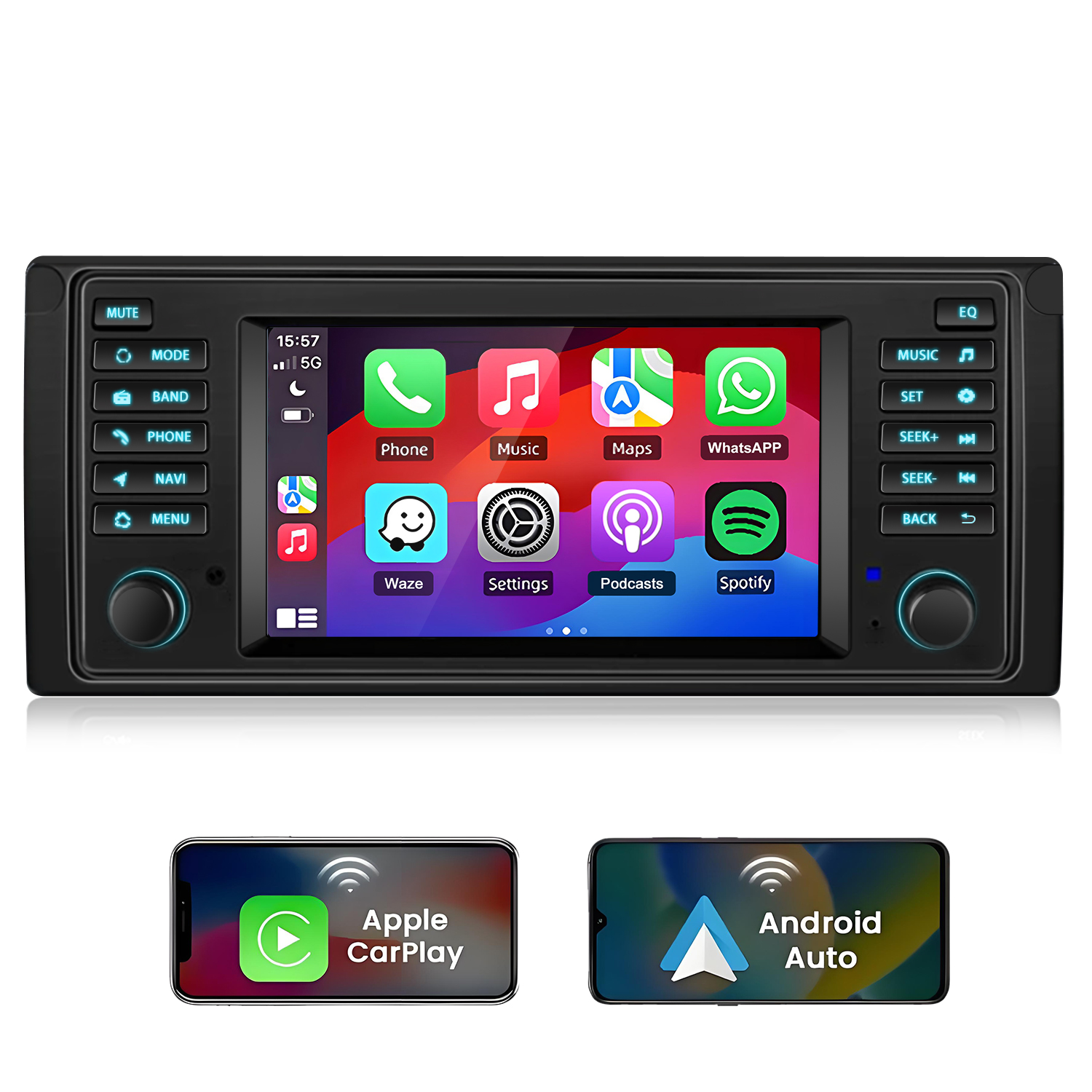 Ein Autoradio-Touchscreen zeigt App-Symbole. Unten sind zwei Smartphones zu sehen.