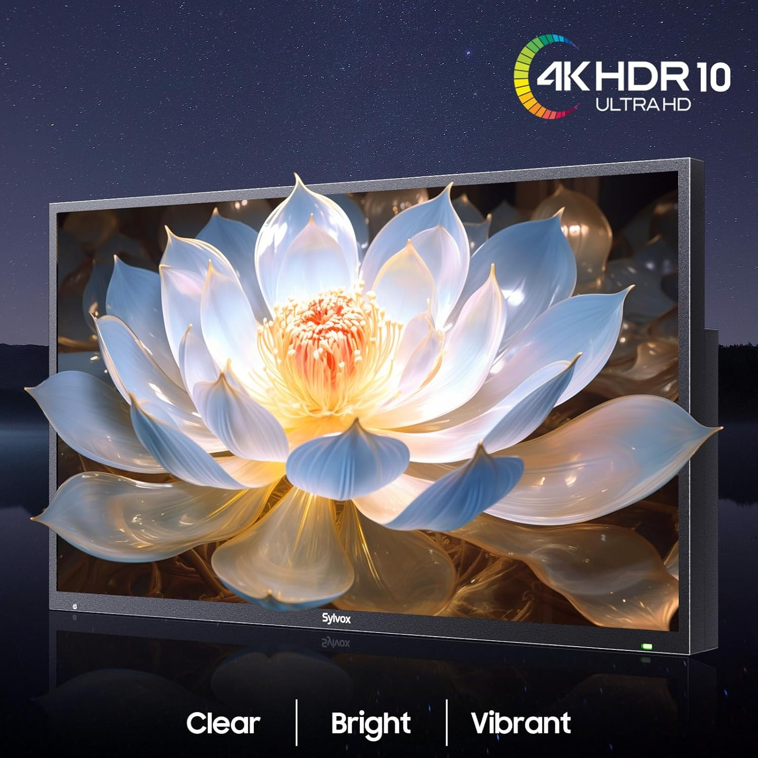 Una pantalla de TV muestra una flor de loto blanca brillante con 4K HDR 10 Ultra HD.