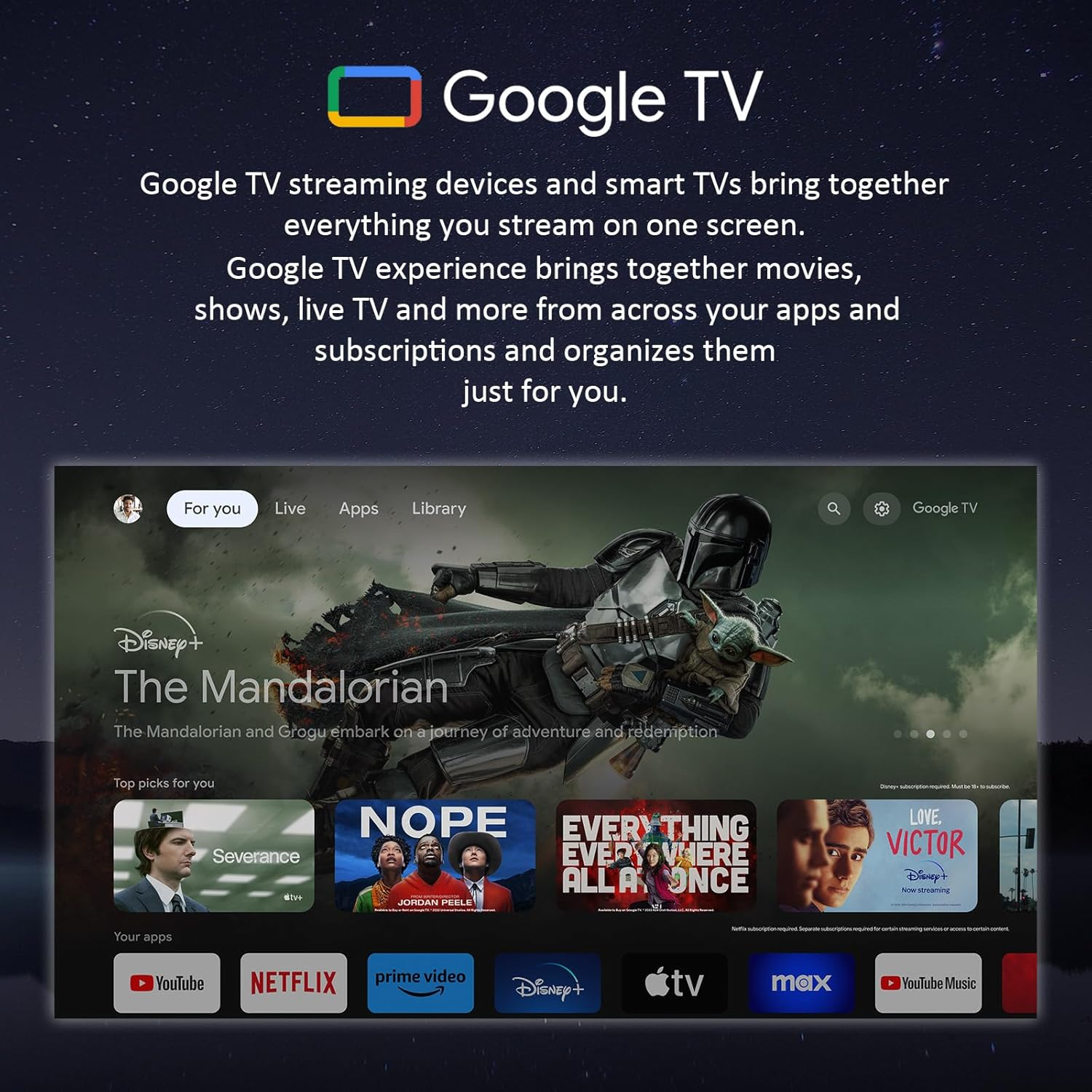 Pantalla de inicio de Google TV con "The Mandalorian" y sugerencias de apps.