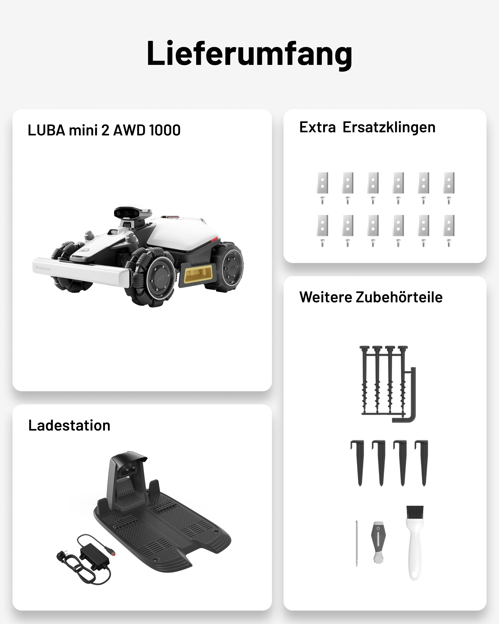 Ein Lieferumfang mit Rasenmäher, Ersatzklingen, Ladestation und Zubehör.