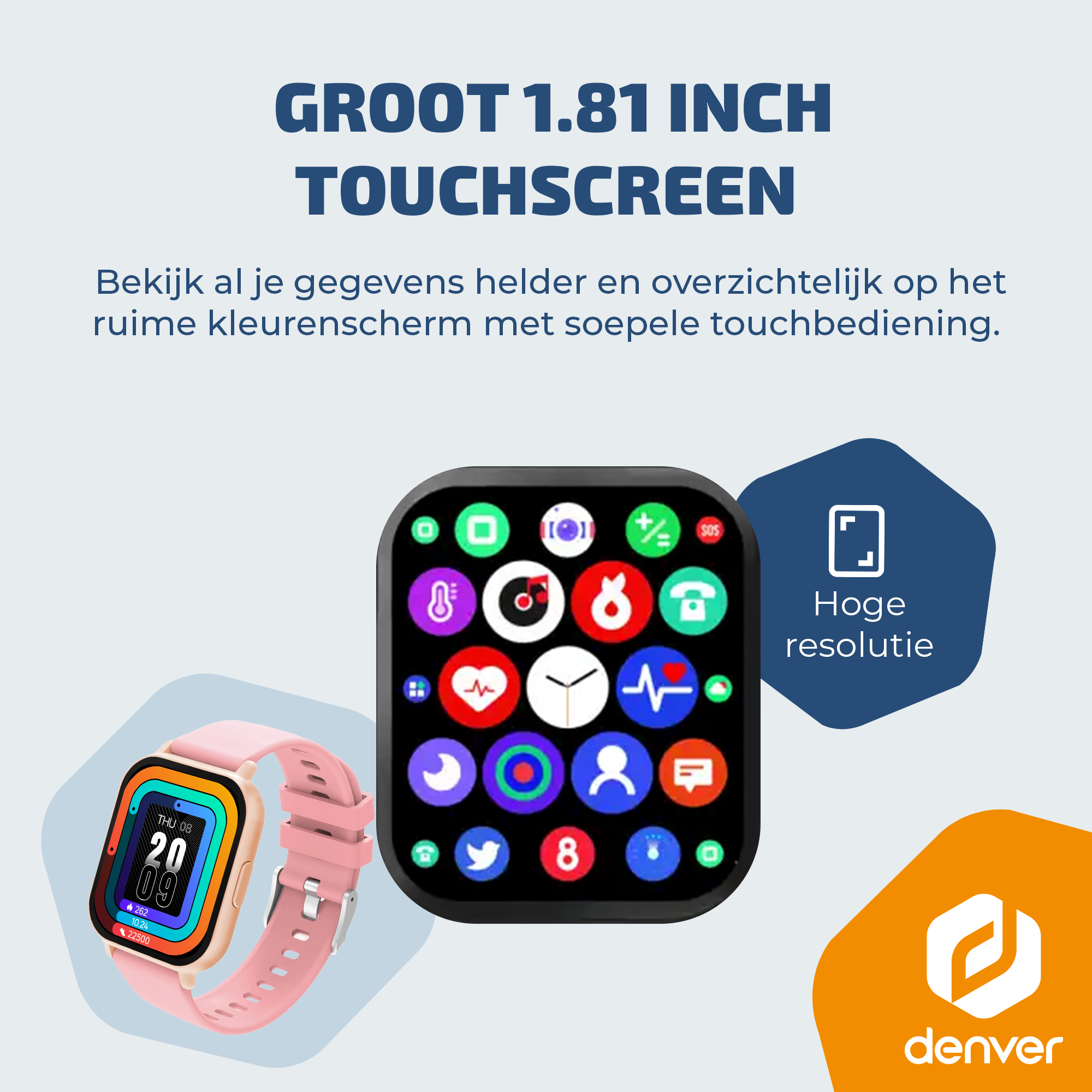 Een roze smartwatch-display toont kleurrijke app-icoontjes en de tijd.