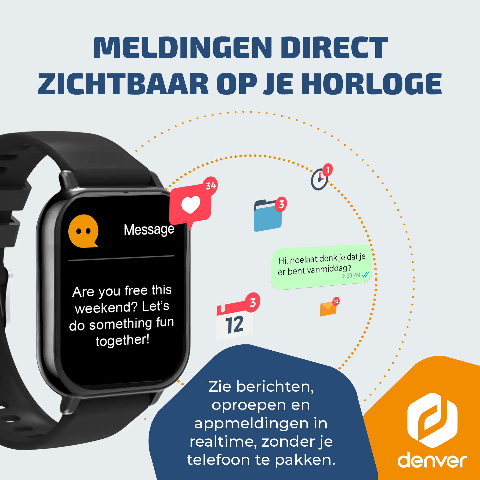 Smartwatch shows messages, calls, and app notifications with icons.