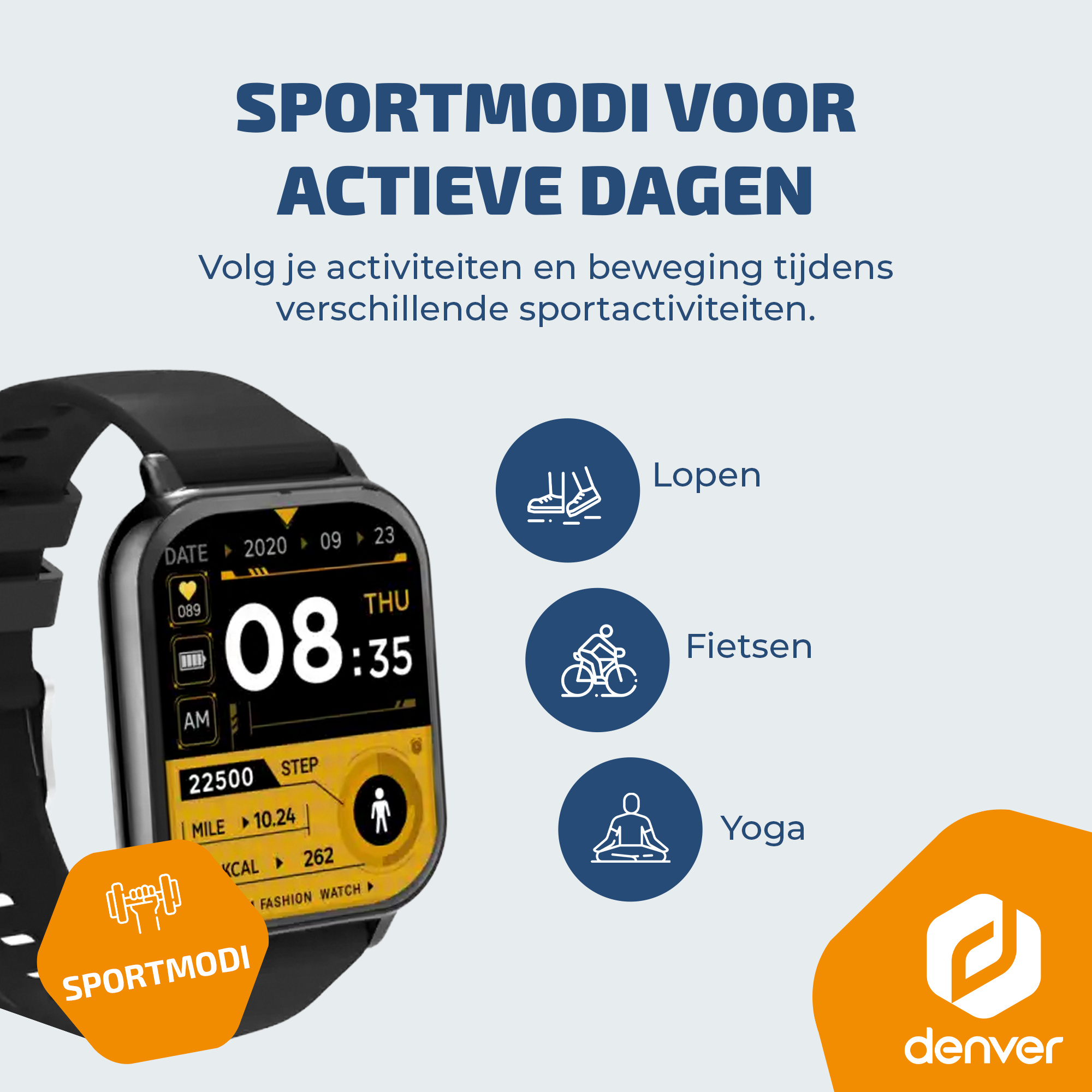 Sportmodi smartwatch shows steps, time, and activities like running, cycling, yoga.