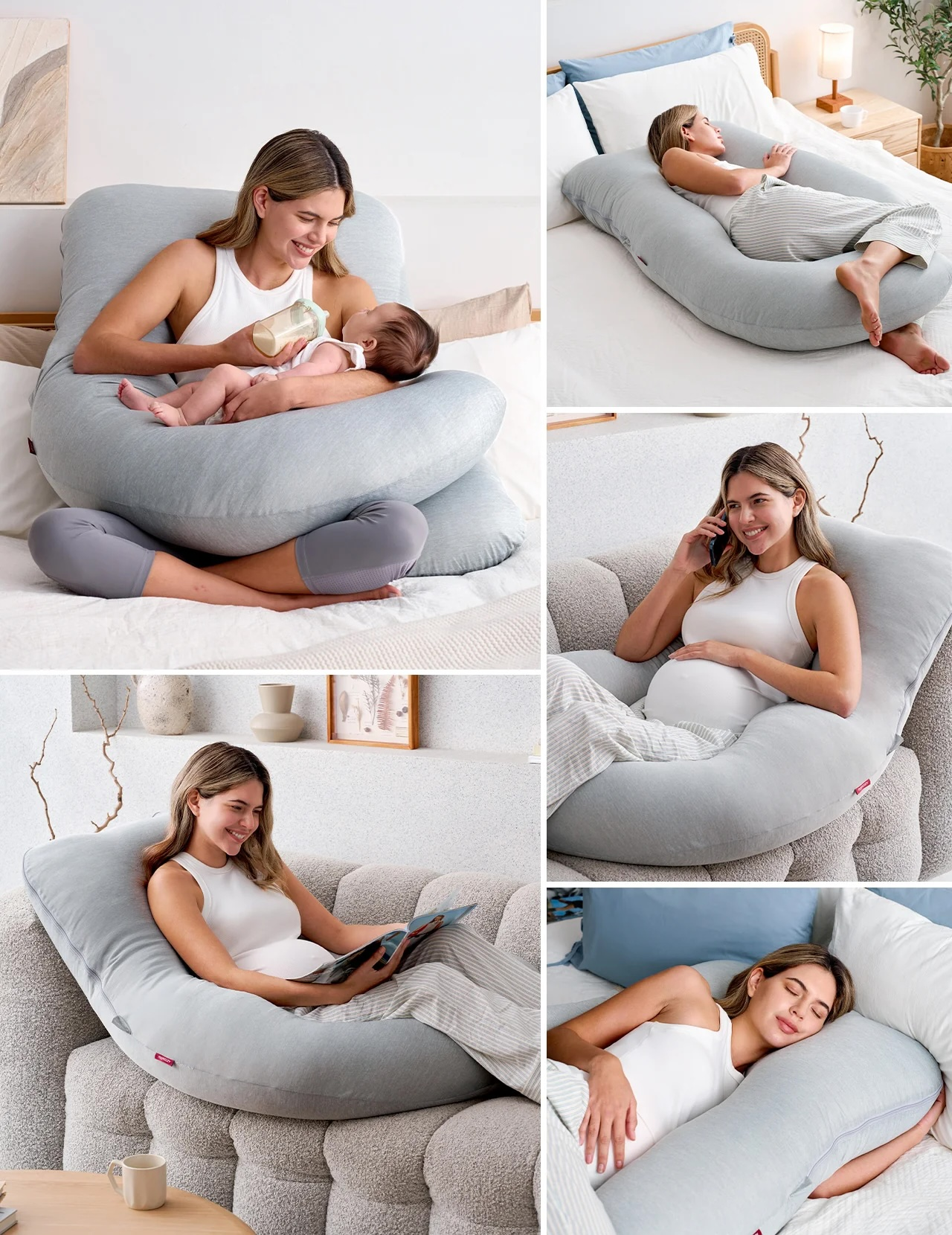 Femme avec bébé et coussin d'allaitement, dormant, lisant et au téléphone.