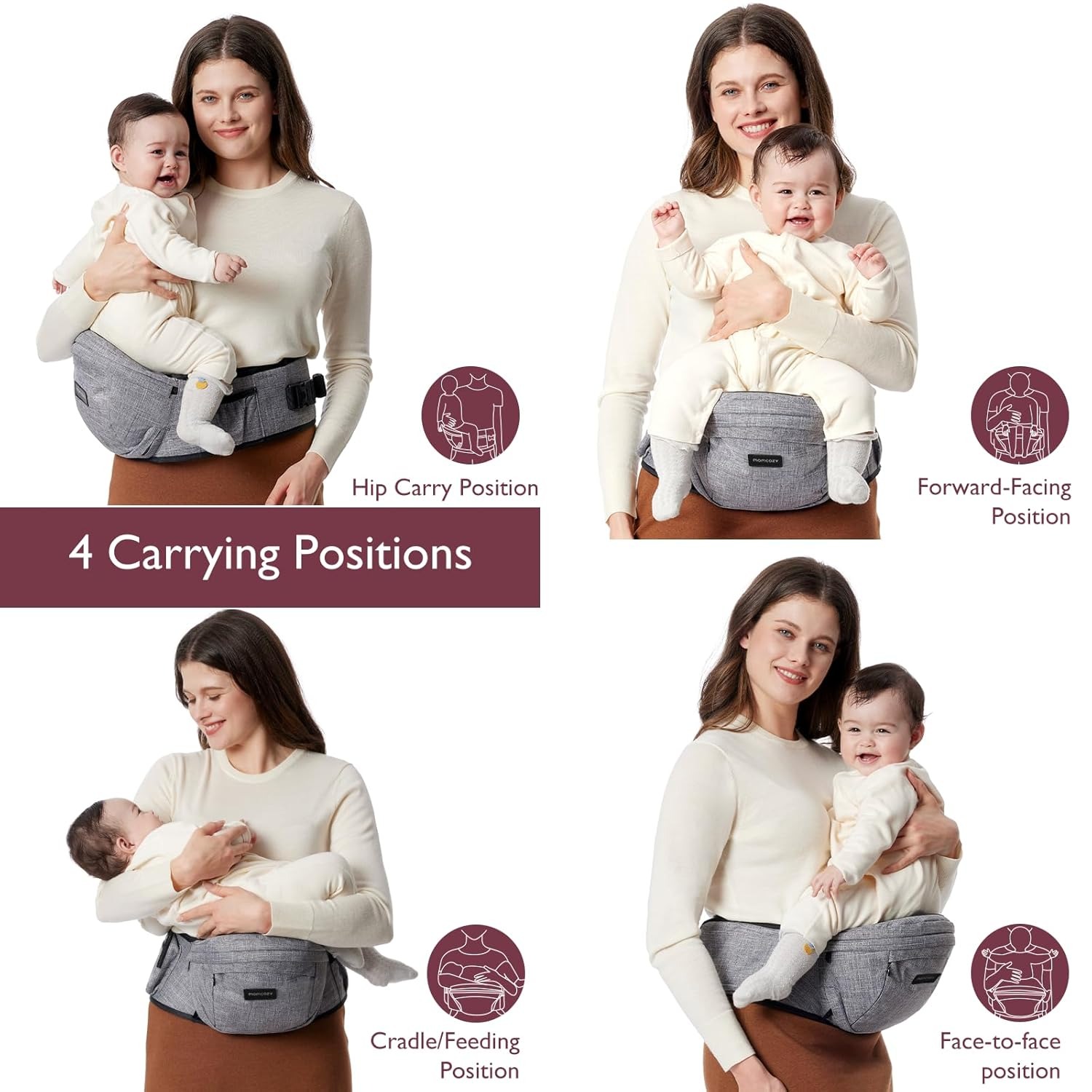 Donna con bambino in 4 posizioni: fianco, fronte, culla e faccia a faccia.