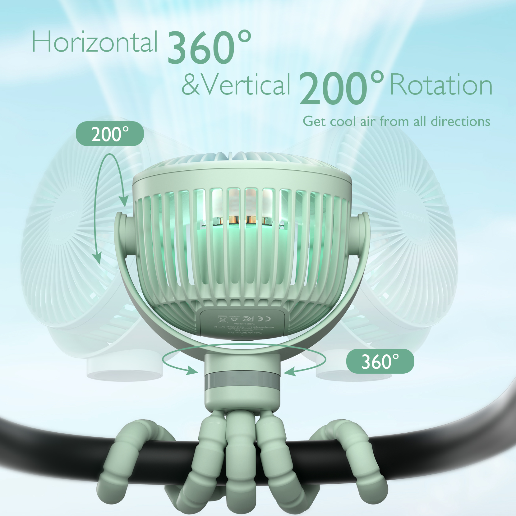 Ein hellgrüner tragbarer Ventilator mit flexiblem Stativfuß rotiert horizontal um 360° und vertikal um 200°.