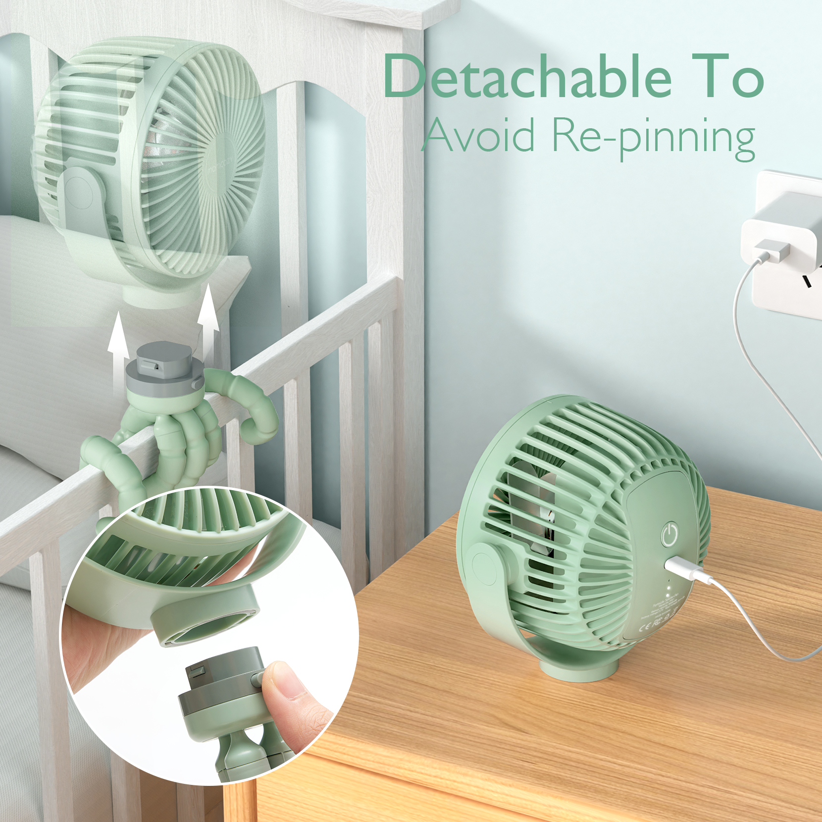 Ein kleiner grüner Ventilator klemmt an einem Babybett, ein anderer steht auf einem Nachttisch.