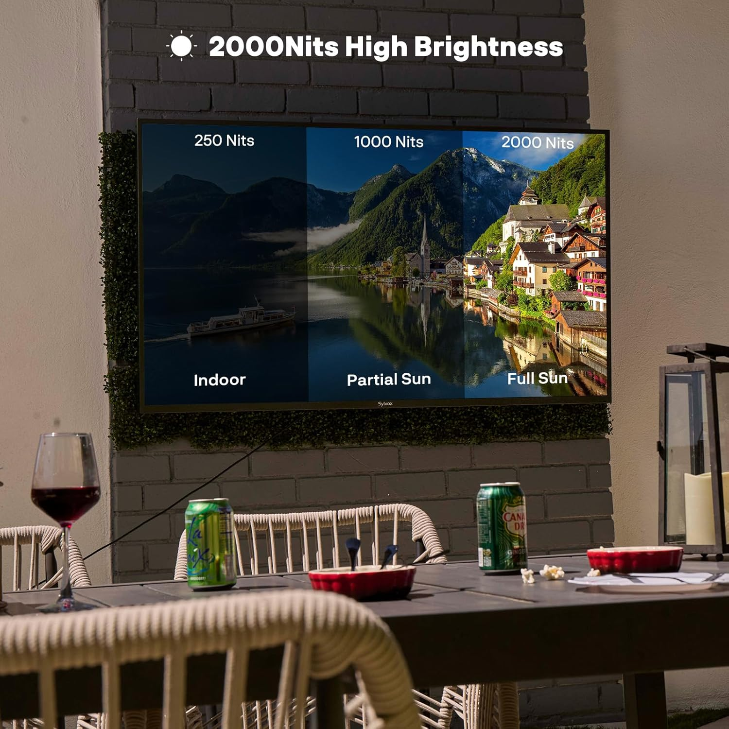 TV zeigt 3 Helligkeitsstufen: 250 Nits (Innen), 1000 Nits (Teilsonne), 2000 Nits (Volle Sonne).