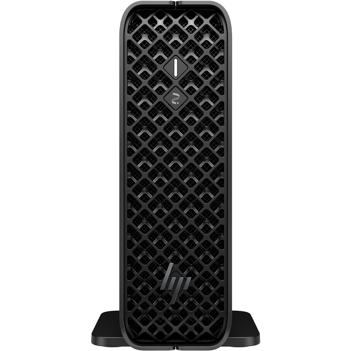 Una torre PC HP nera con motivo a griglia e pulsante di accensione illuminato.