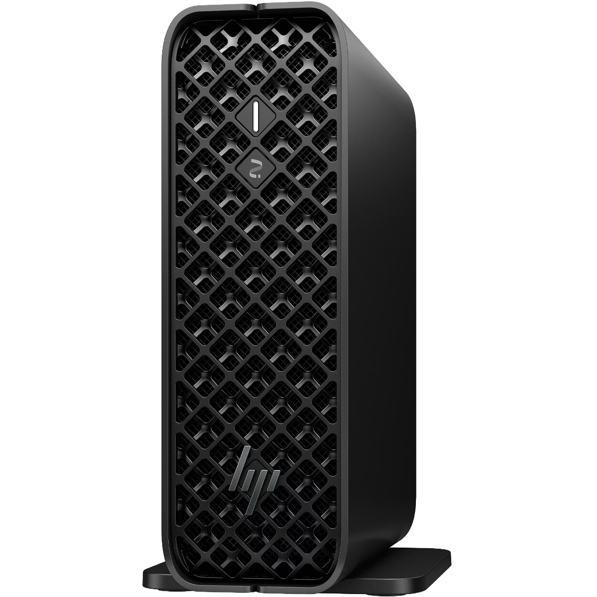 Computer desktop nero verticale con griglia frontale e logo argentato.