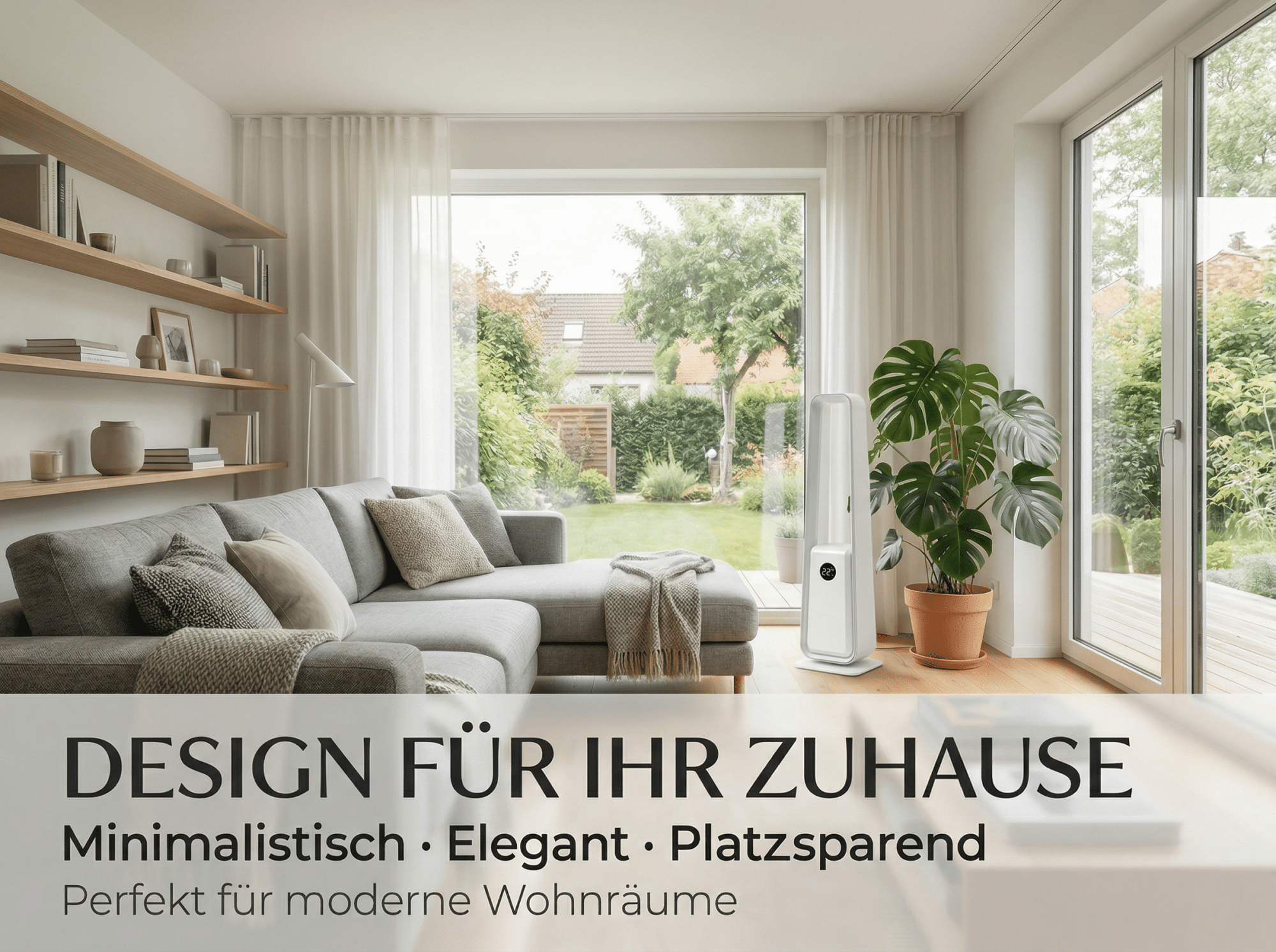 Modernes Wohnzimmer mit Sofa, Pflanzen und großem Fenster zum Garten.