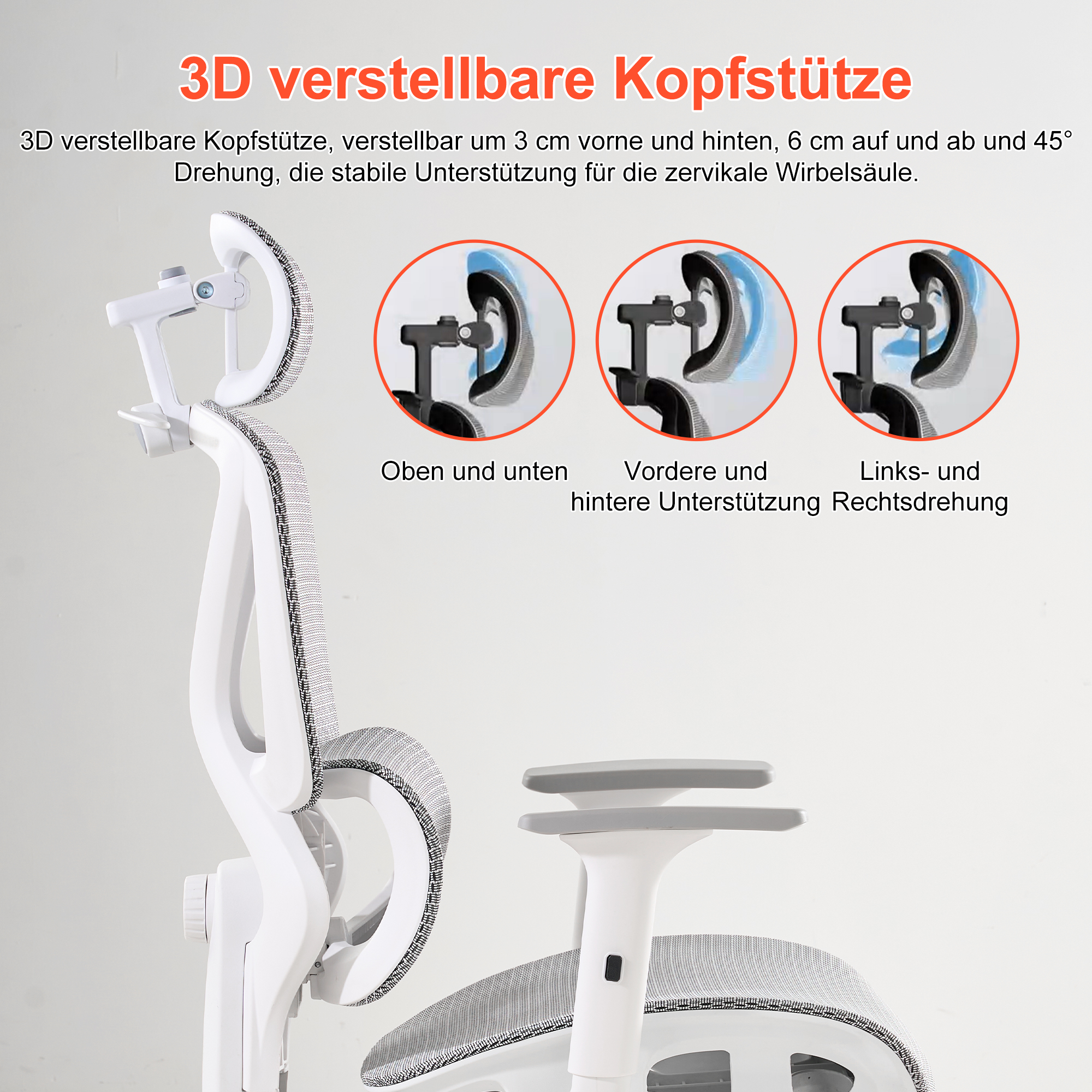 Silla de oficina blanca con reposacabezas 3D ajustable e ilustraciones de opciones de ajuste.