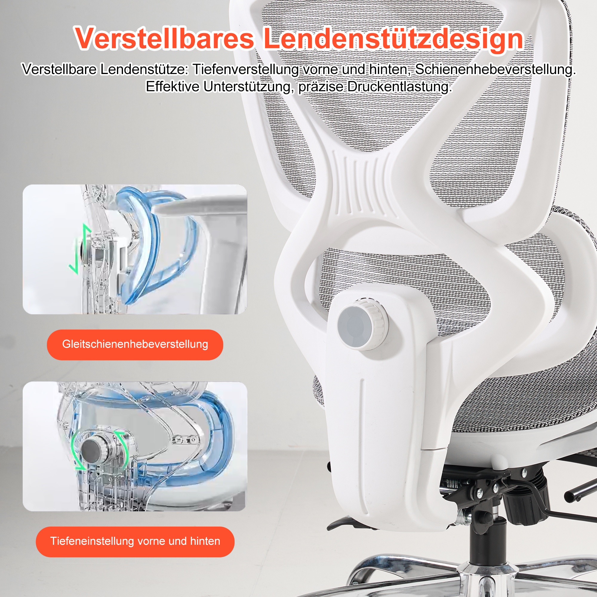 Soporte lumbar ajustable: ajuste de profundidad delantero y trasero.