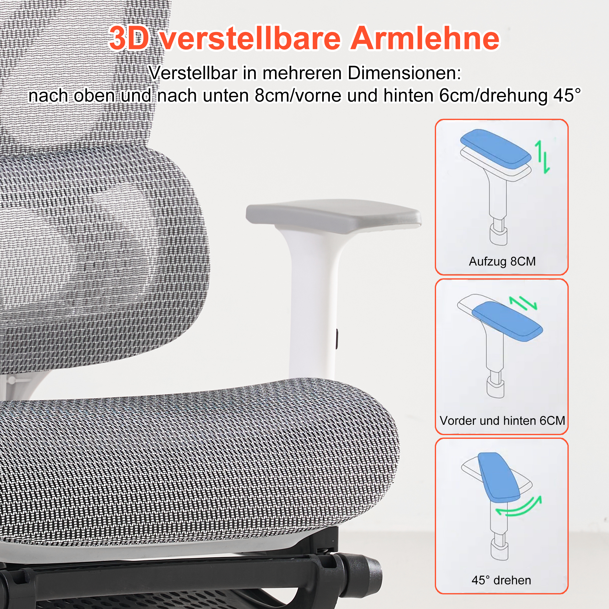 Reposabrazos ajustable 3D muestra elevación, adelante/atrás y giro.