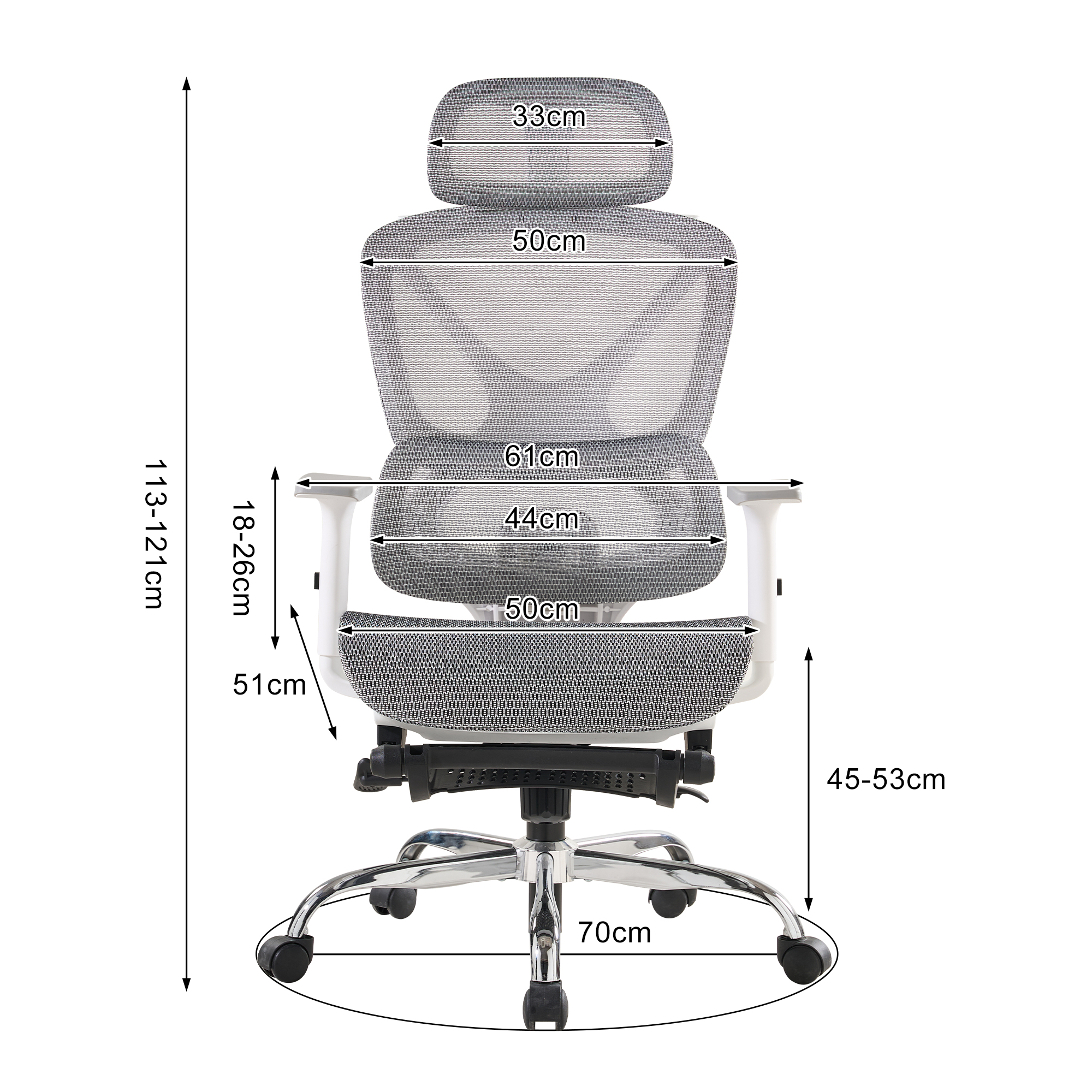 Silla de oficina gris con dimensiones: ancho 44cm, alto 113-121cm.