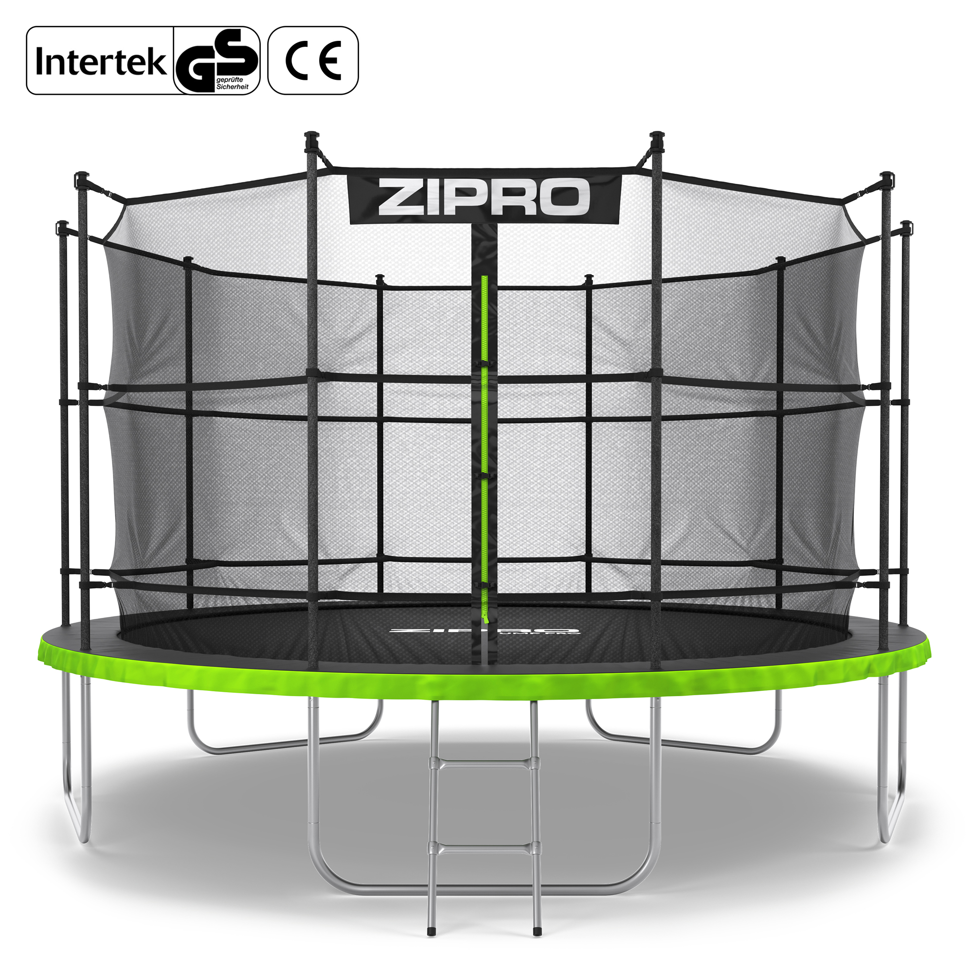 Un trampolín grande con red de seguridad y escalera, negro y verde.