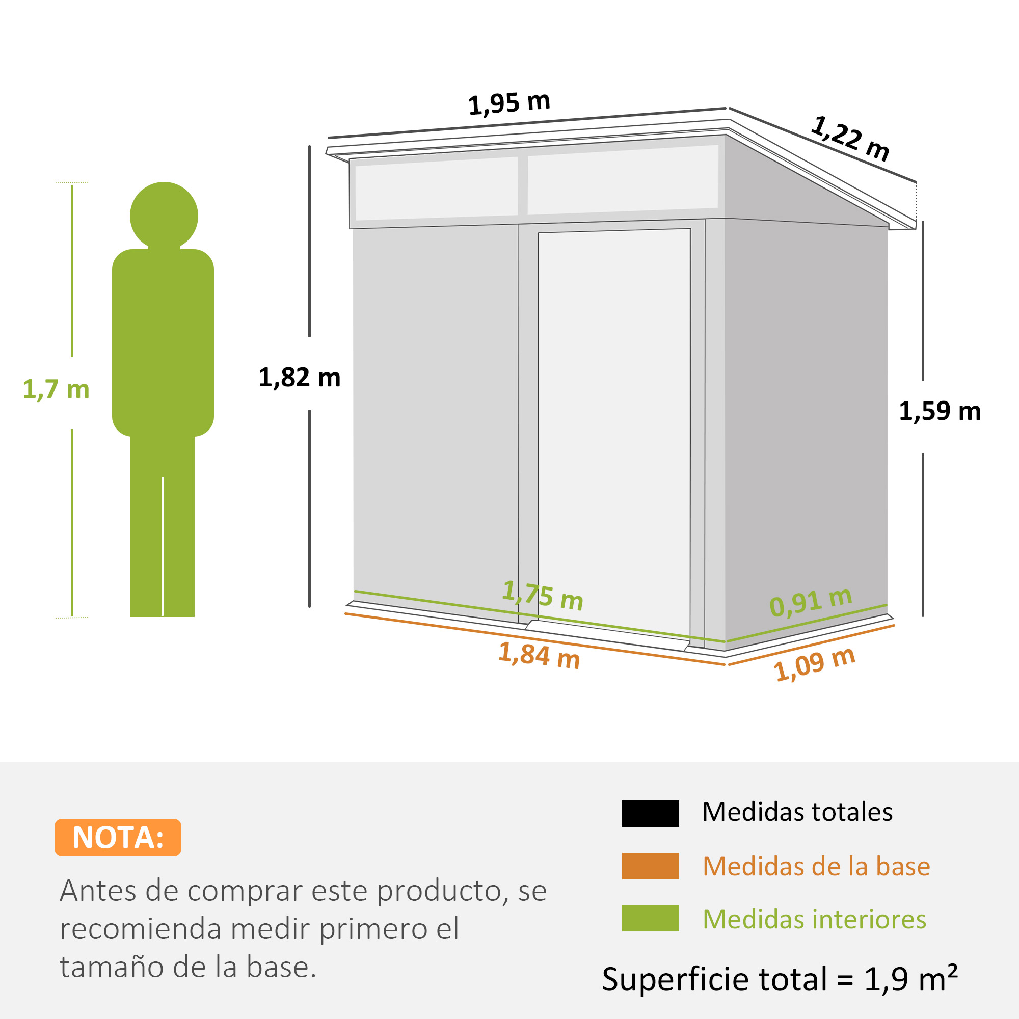 Dimensiones de un cobertizo: 1,82m alto, 1,95m ancho, con persona.